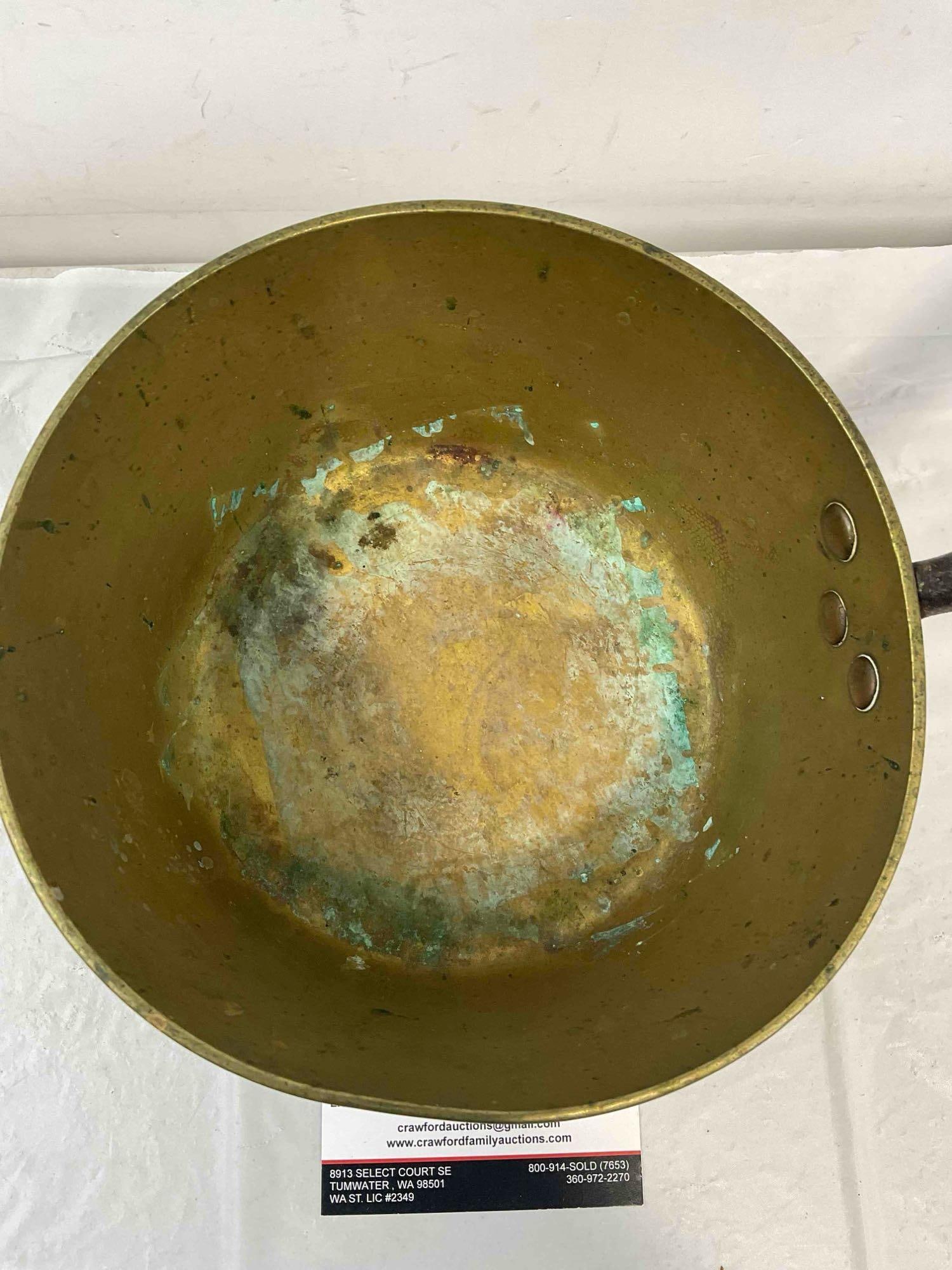 Antique Brass Jam Saucepan w/ Iron? Metal Handle. Very Good Condition. See pics. - 4