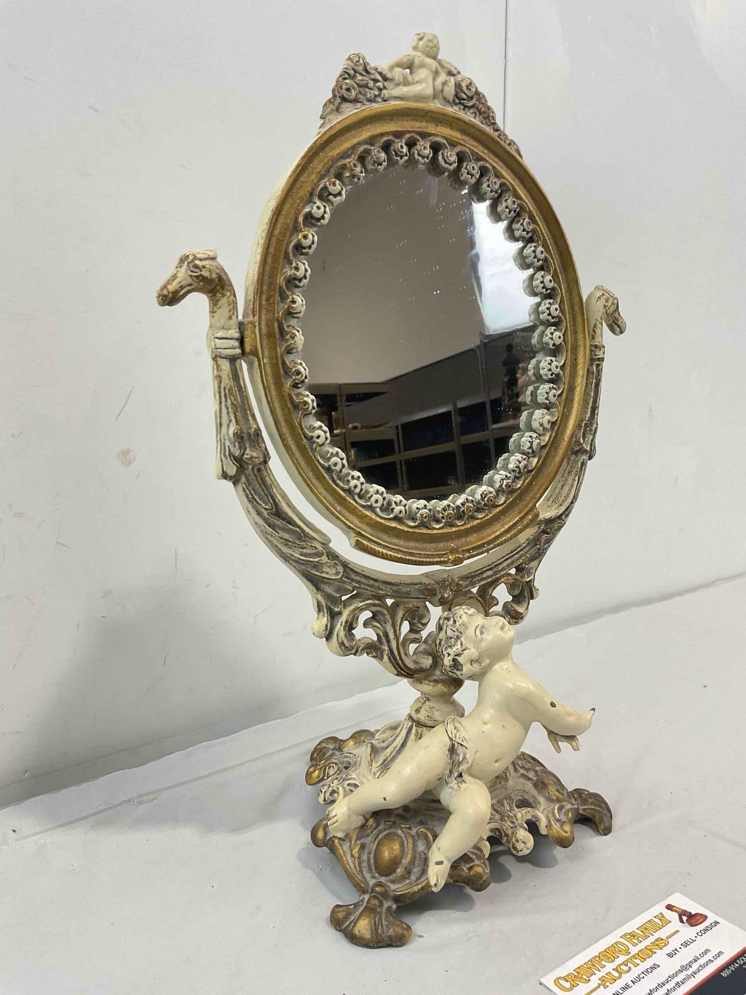 Antique Lovely Cast Iron Swivel Vanity Mirror w/ Cherub Motif. Very Good Condition. See pics. - 2