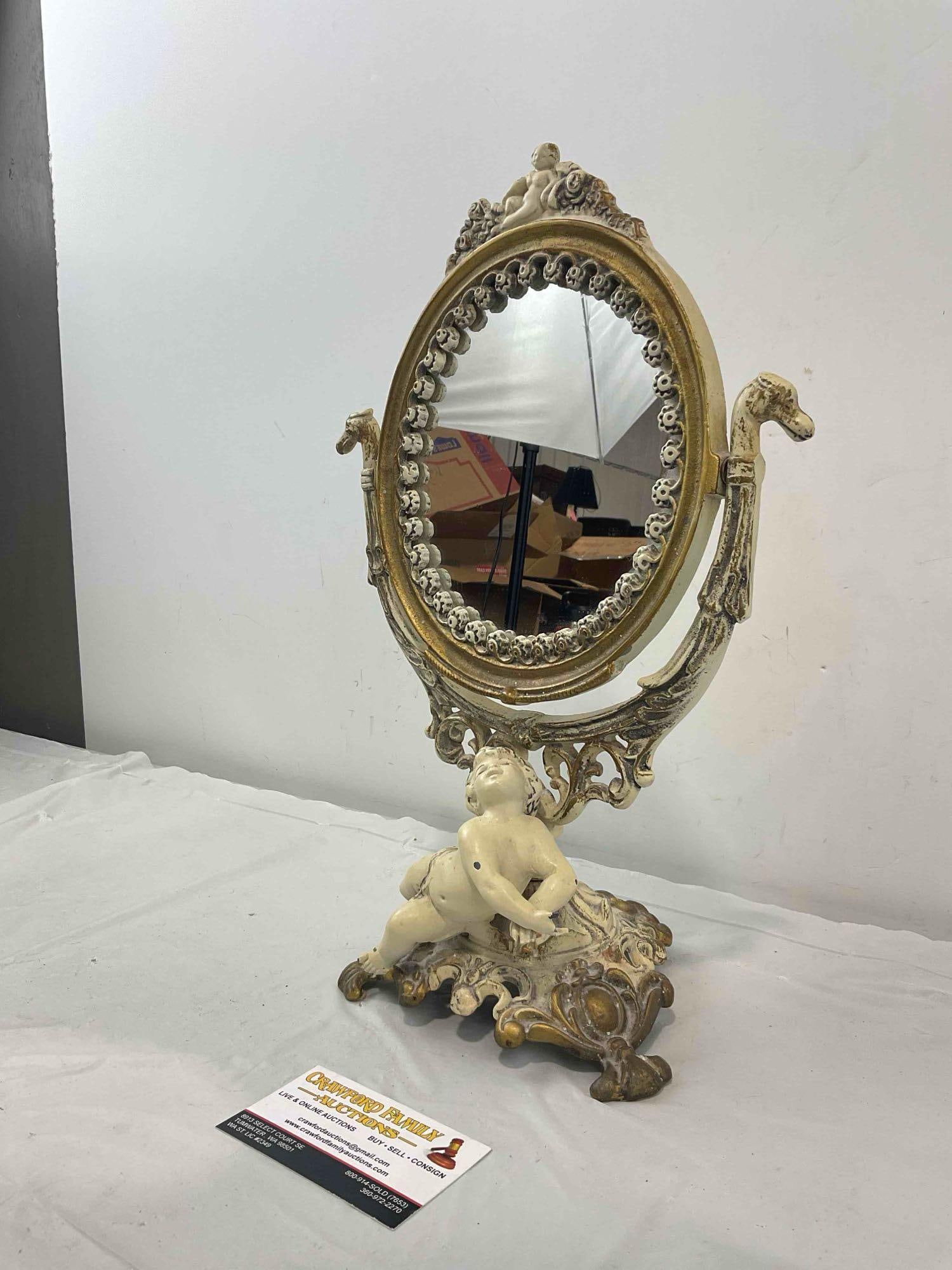 Antique Lovely Cast Iron Swivel Vanity Mirror w/ Cherub Motif. Very Good Condition. See pics. - 3