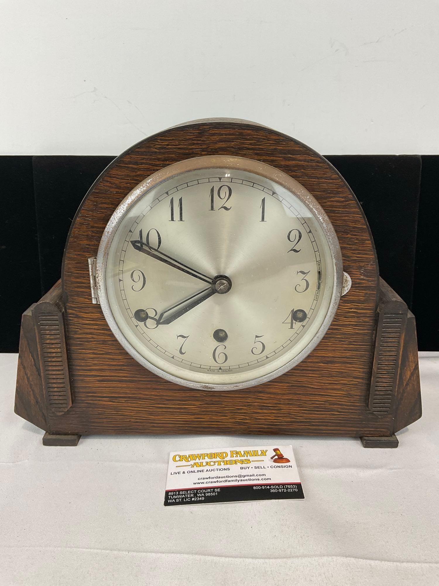 Early 20th Century British Anvil Mantel Clock Time Strike Chime, 10h x 12w x 7d inches: All from the same collection. Appears to be in fair to good shape. The piece measures approx 10h x 12w x 7d inches. See pics. E-5580 