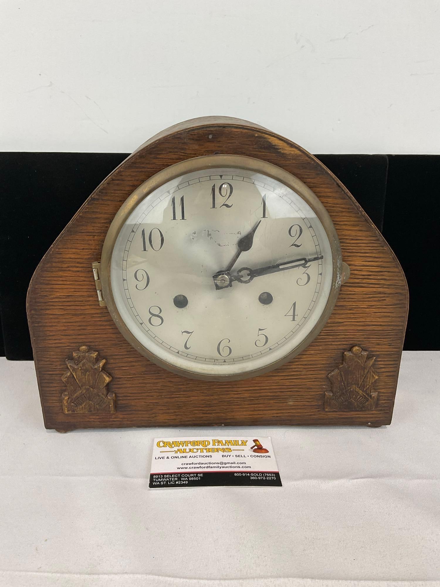 Antique British Time Strike Mantel Clock, 10h x 11w x 6d inches: All from the same collection. Appears to be in fair to good shape. The piece measures approx 10h x 11w x 6d inches. See pics. E-5580 