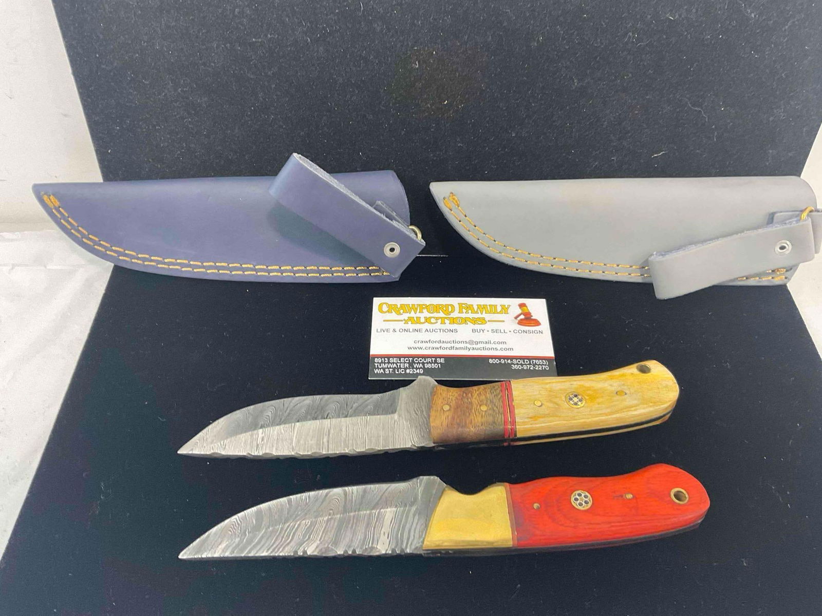 2 pcs Handmade Damascus Steel Skinning Knives w/ Leather Sheathes & Wood Handles. - 6