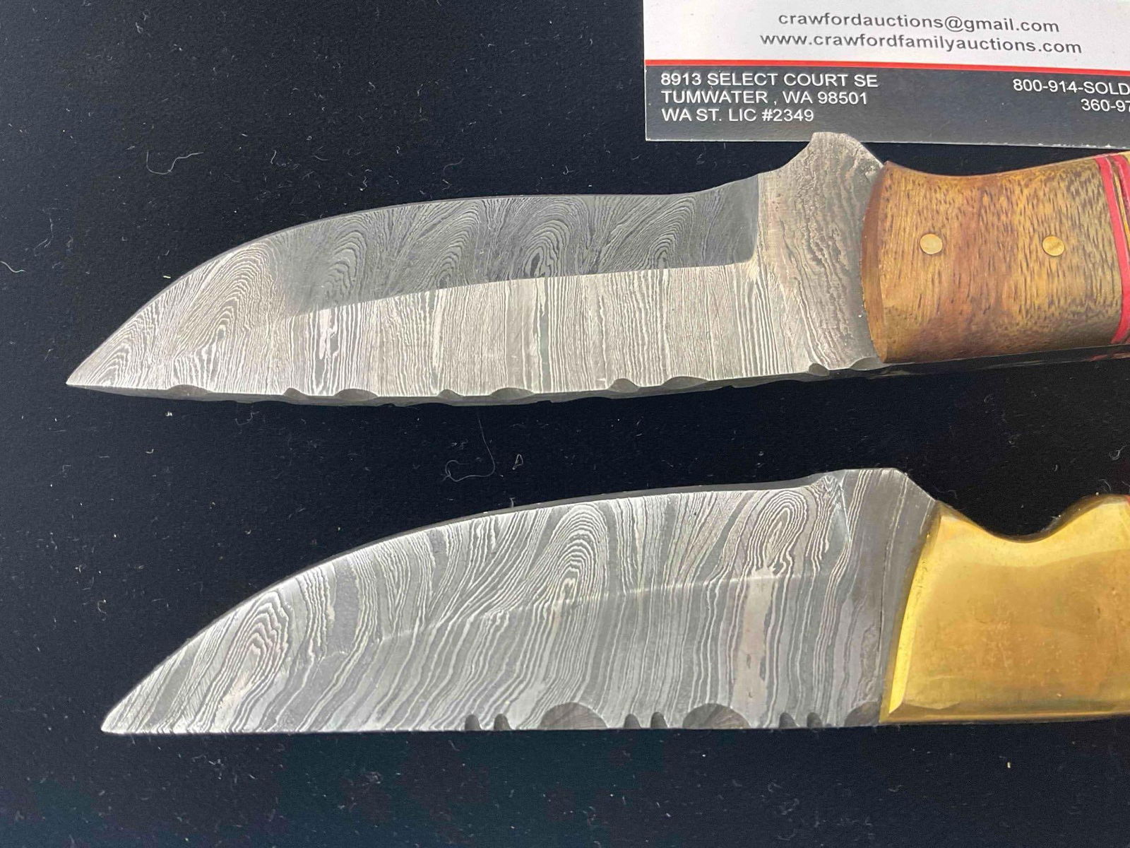 2 pcs Handmade Damascus Steel Skinning Knives w/ Leather Sheathes & Wood Handles. - 7