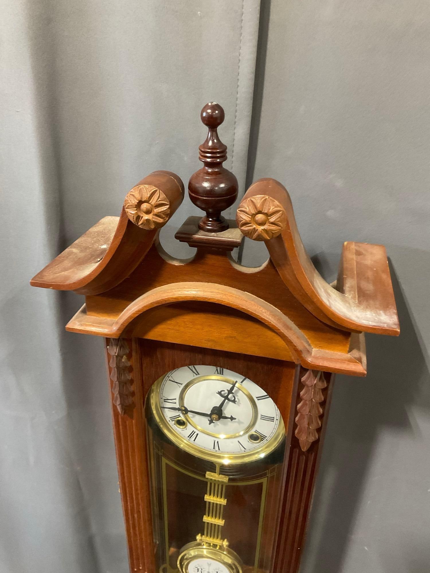 Early 20th Century Elgin Clock Co 31 Day Tall Wall Clock Time Strike, 30h x 10w x 7d inches - 2