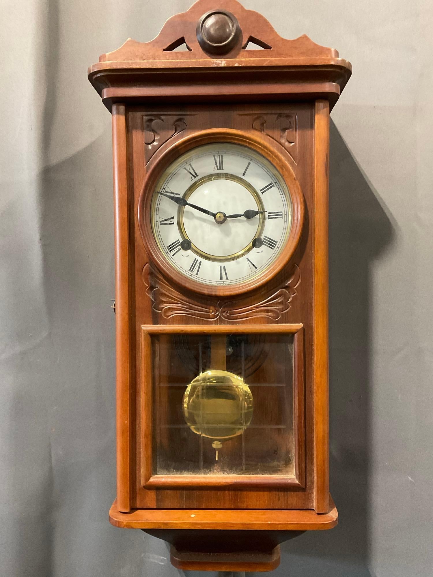 Vintage 1980s Repro Centennial Parlor Time Strike Wall Clock w/key, Pendulum, 22h x 10w x 6d inches (1 of 5)