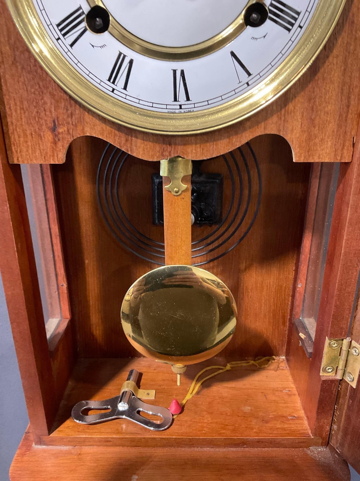 Vintage 1980s Repro Centennial Parlor Time Strike Wall Clock w/key, Pendulum, 22h x 10w x 6d inches - 3