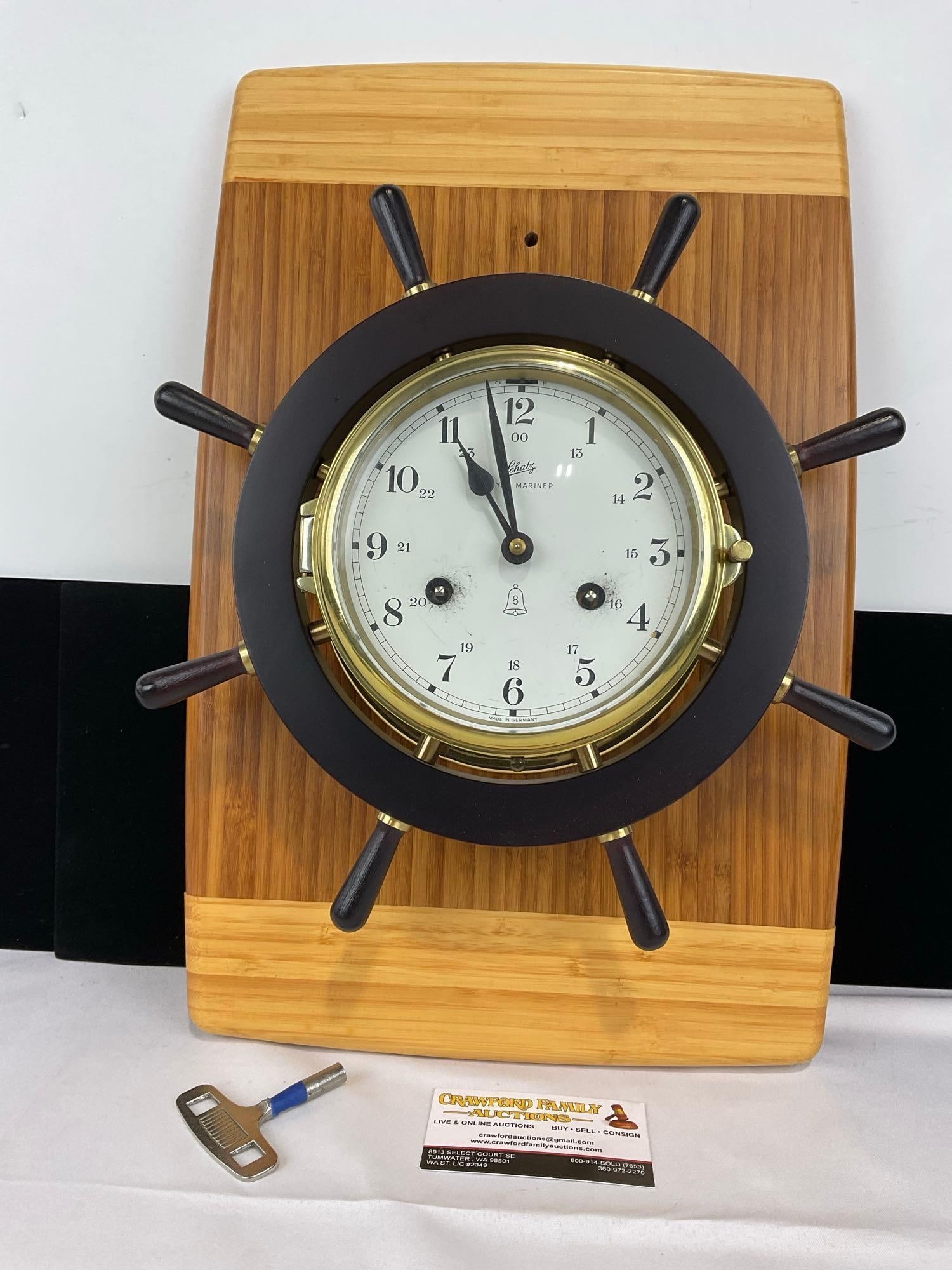Ships Wheel Schatz Wall Clock Time Strike 8 Day, Wood & Brass 8 Spoke Wheel, 19h x 13w x 5d inches: Very similar case & board as the last lot. All from the same collection. Appears to be in fair to good shape. The piece measures approx 19h x 13w x 5d inches. See pics. E-5580