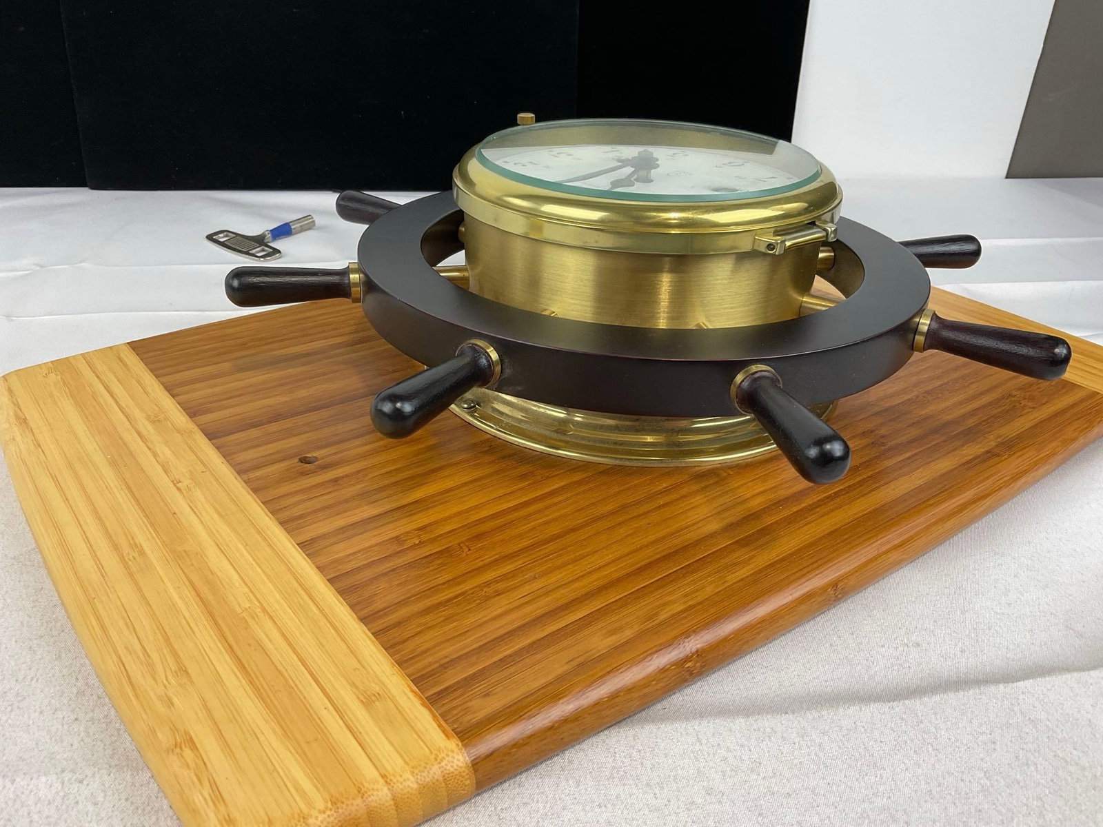 Ships Wheel Schatz Wall Clock Time Strike 8 Day, Wood & Brass 8 Spoke Wheel, 19h x 13w x 5d inches - 5