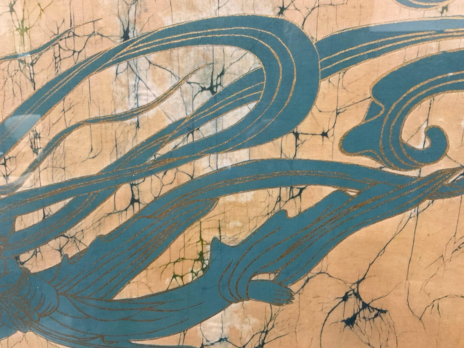 Gorgeous Vintage Taiwan/Chinese Batik, Woman w/Flowing Clothes Teal & Gold Painted Silk, 29x40 in - 4