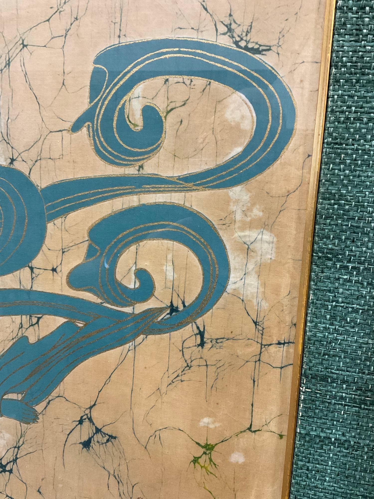 Gorgeous Vintage Taiwan/Chinese Batik, Woman w/Flowing Clothes Teal & Gold Painted Silk, 29x40 in - 5