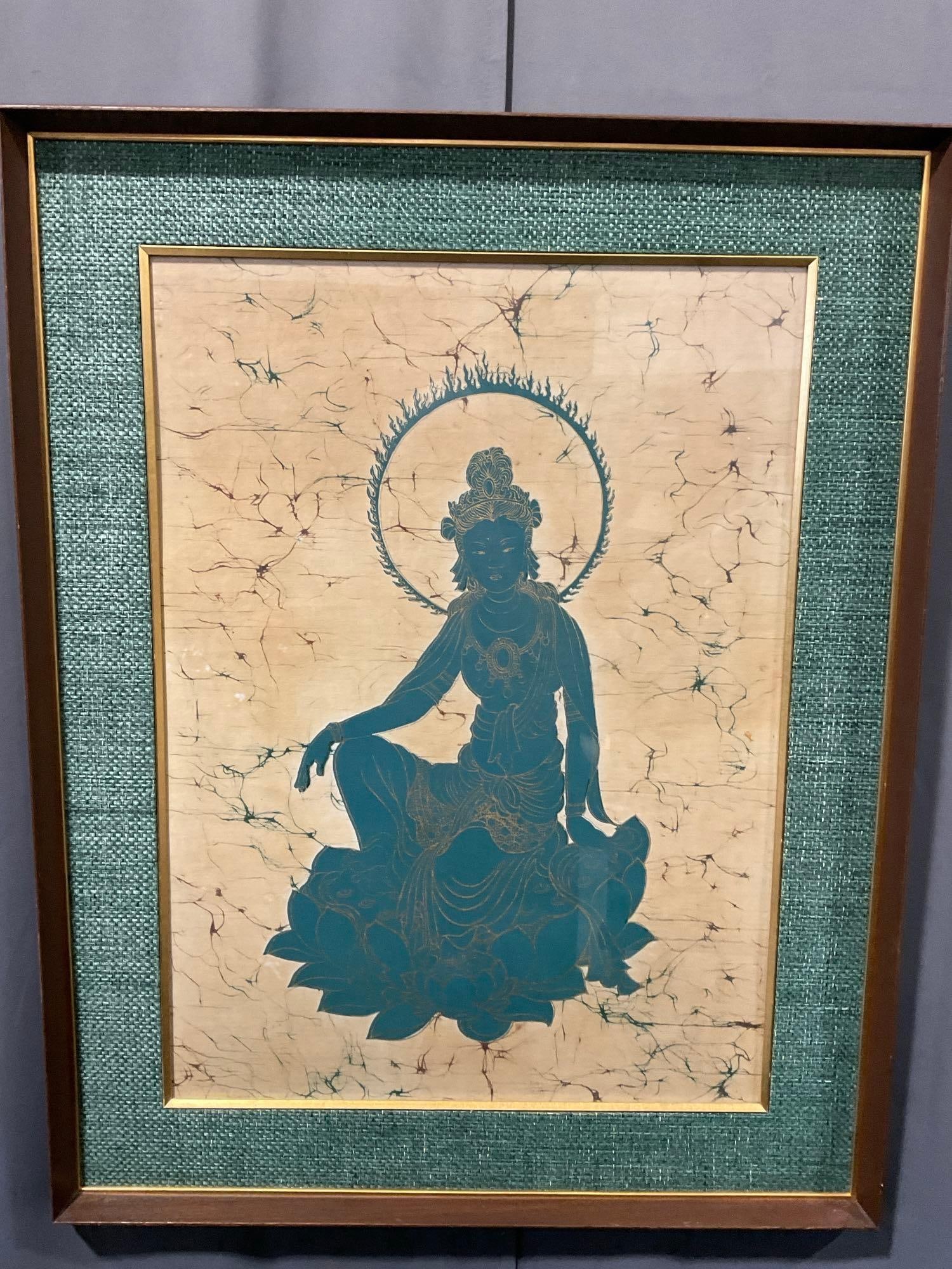 Gorgeous Vintage Taiwan/Chinese Batik, Goddess w/Sun behind head Teal & Gold Painted Silk, 38x30 in: Appears to be in good shape. The piece measures approx 38h x 30w x 4d inches. See pics. E-5580 *Oversized shipping may apply* 
