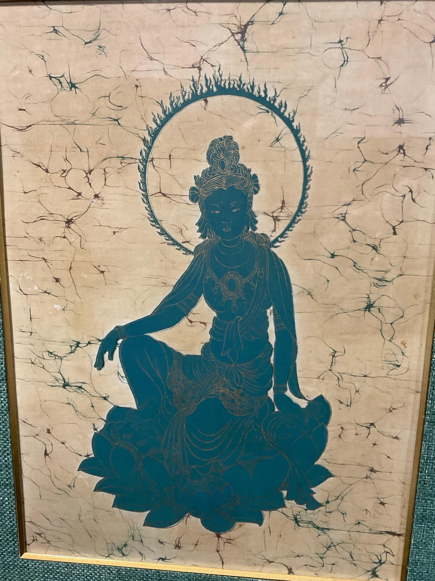 Gorgeous Vintage Taiwan/Chinese Batik, Goddess w/Sun behind head Teal & Gold Painted Silk, 38x30 in - 2