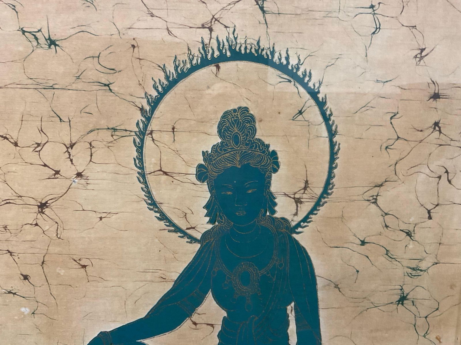 Gorgeous Vintage Taiwan/Chinese Batik, Goddess w/Sun behind head Teal & Gold Painted Silk, 38x30 in - 3