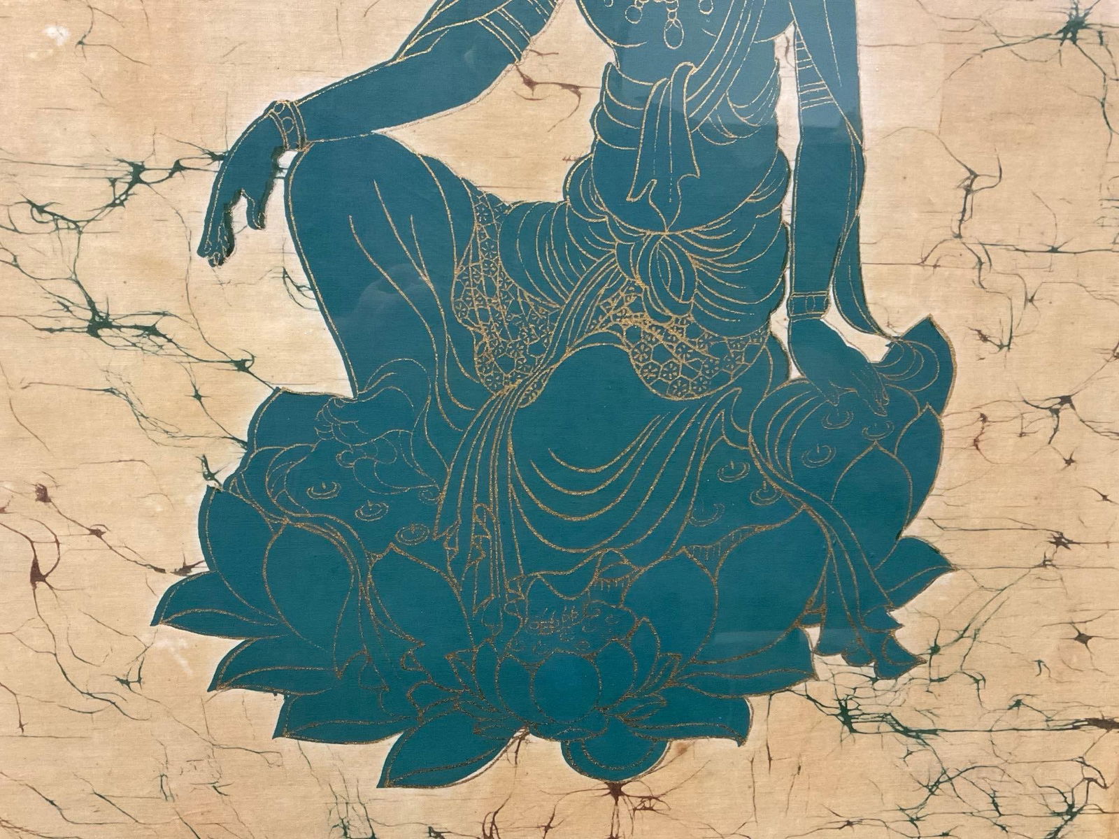 Gorgeous Vintage Taiwan/Chinese Batik, Goddess w/Sun behind head Teal & Gold Painted Silk, 38x30 in - 4