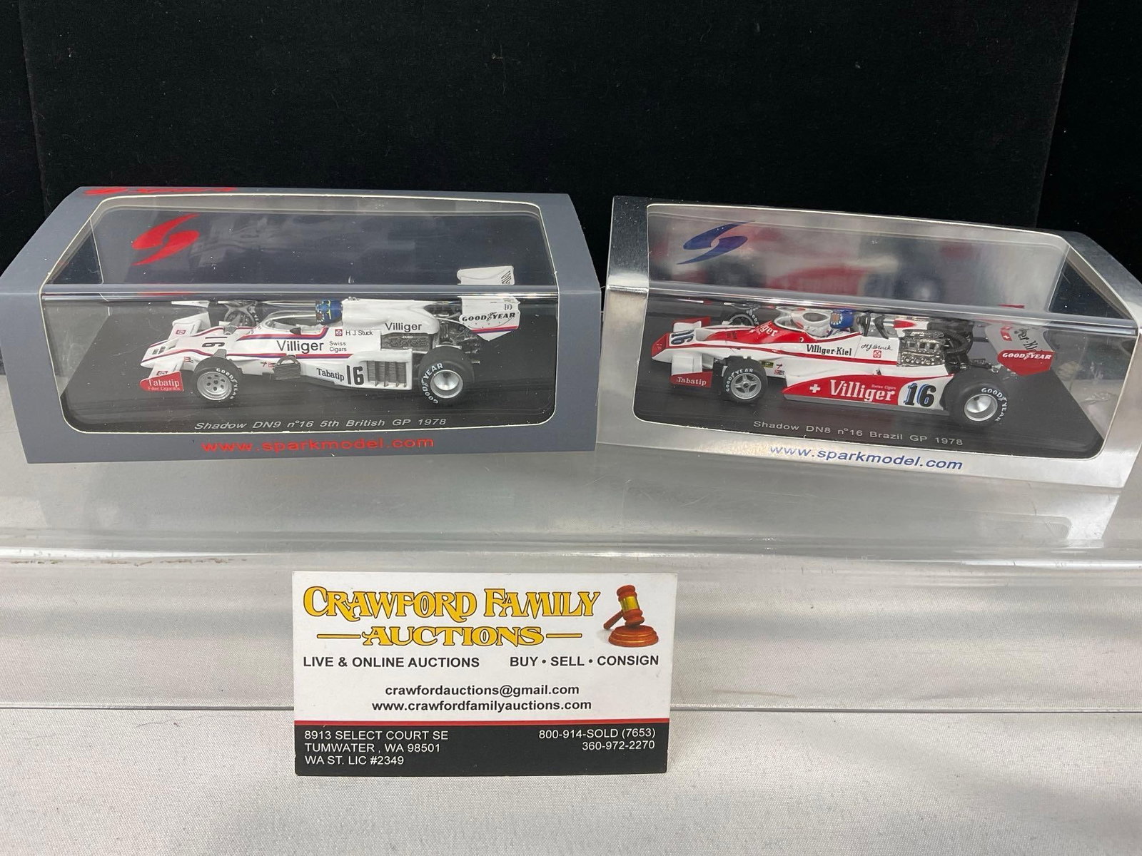 2 Spark 1/43 Scale Diecast Cars, 1978 Shadow DN7 British GP & DN8 Brazil GP, Hans Stuck: Appears to be in good shape. The piece measures approx 5h x 7w x 4d inches. See pics. E-5420