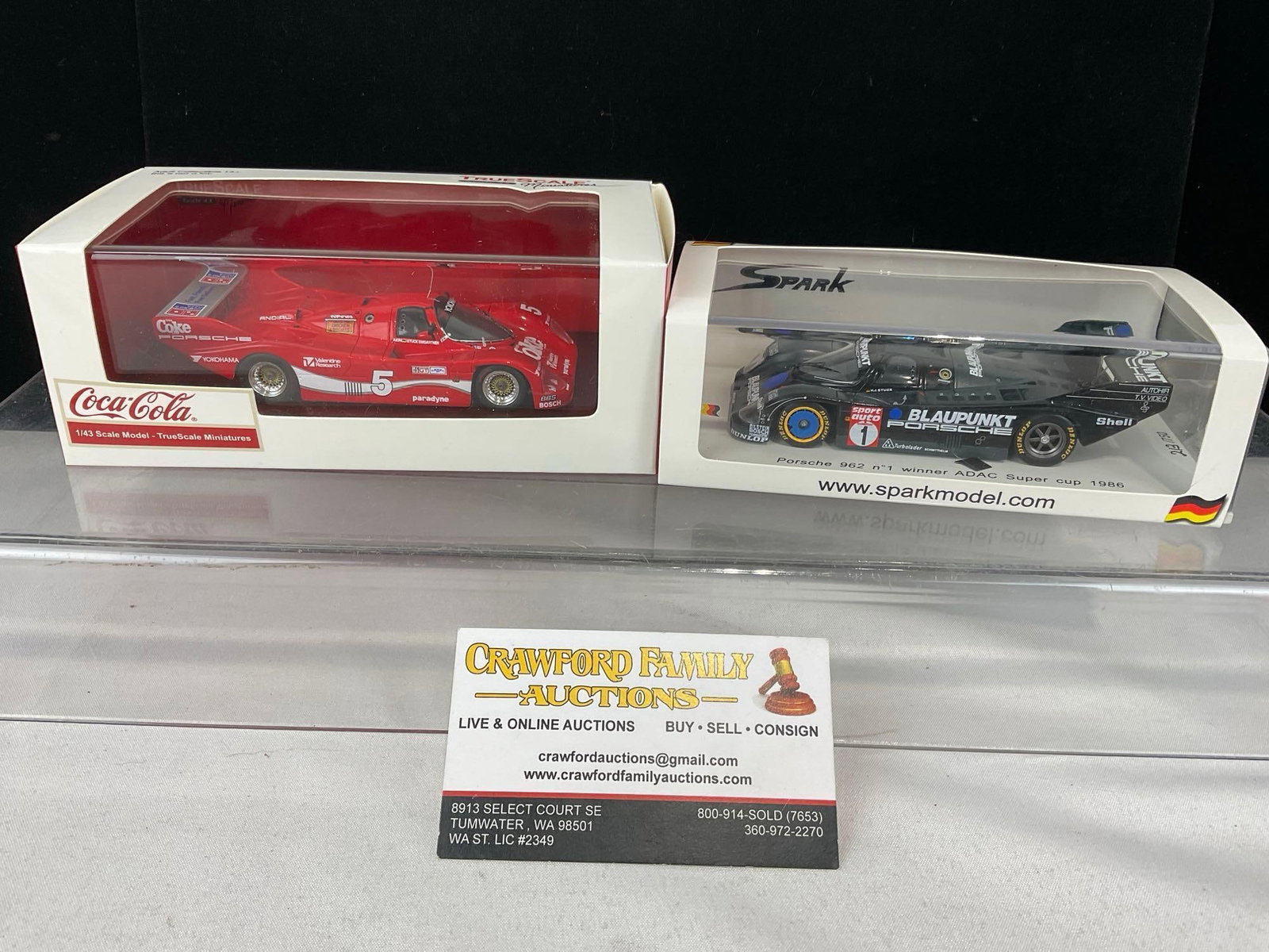 2x 1/43 Scale Diecast Cars, 1986 Porsche 962 Hans Stuck, 12h Sebring, Spark & True Scale Minis: Appears to be in good shape. The piece measures approx 5h x 7w x 4d inches. See pics. E-5420