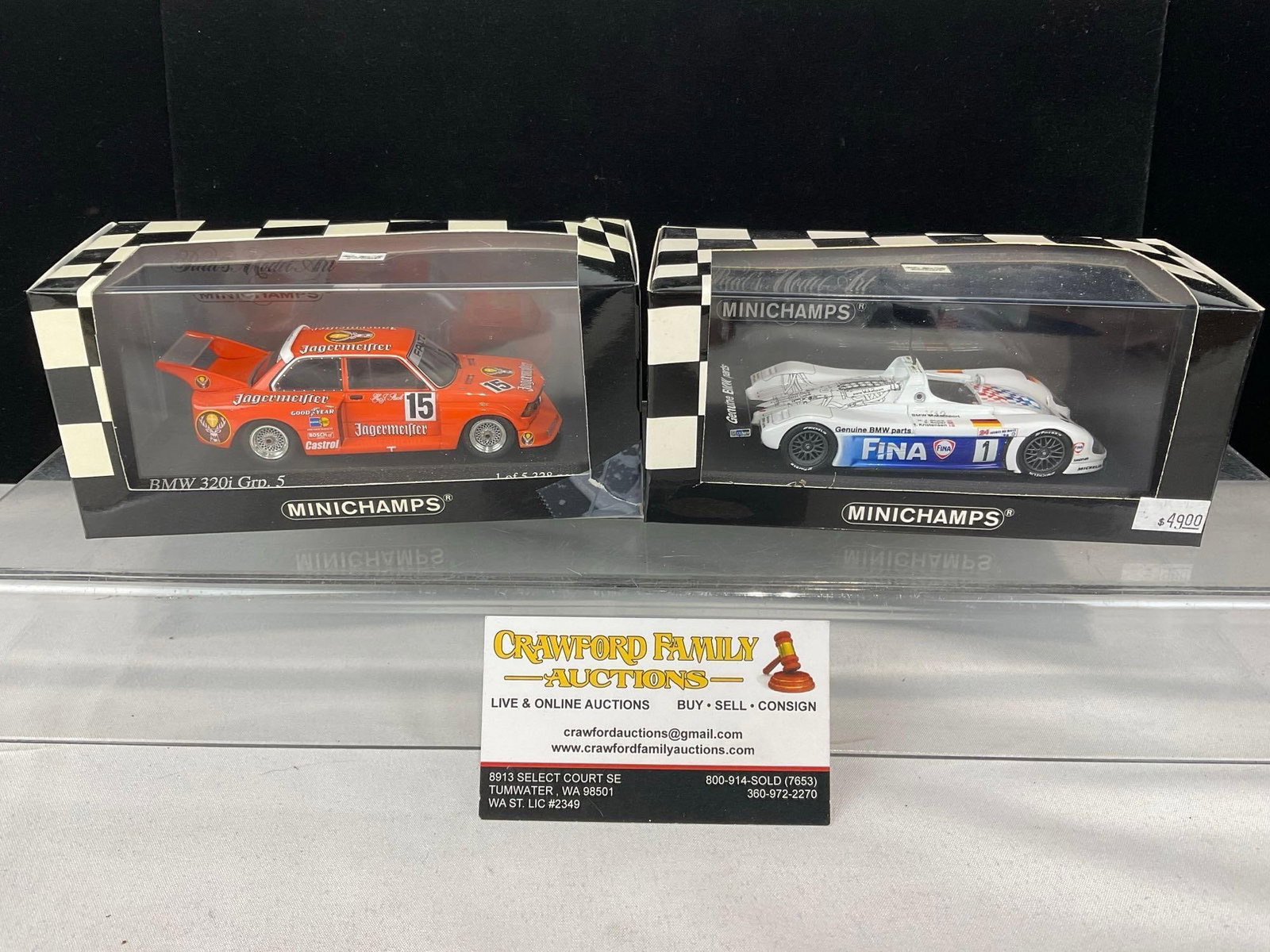 2 Minichamps 1/43 Scale Diecast Cars, 1977 BMW 320i Grp 5 & 1998 BMW V-12 LM: Appears to be in good shape. The piece measures approx 6h x 7w x 4d inches. See pics. E-5420 