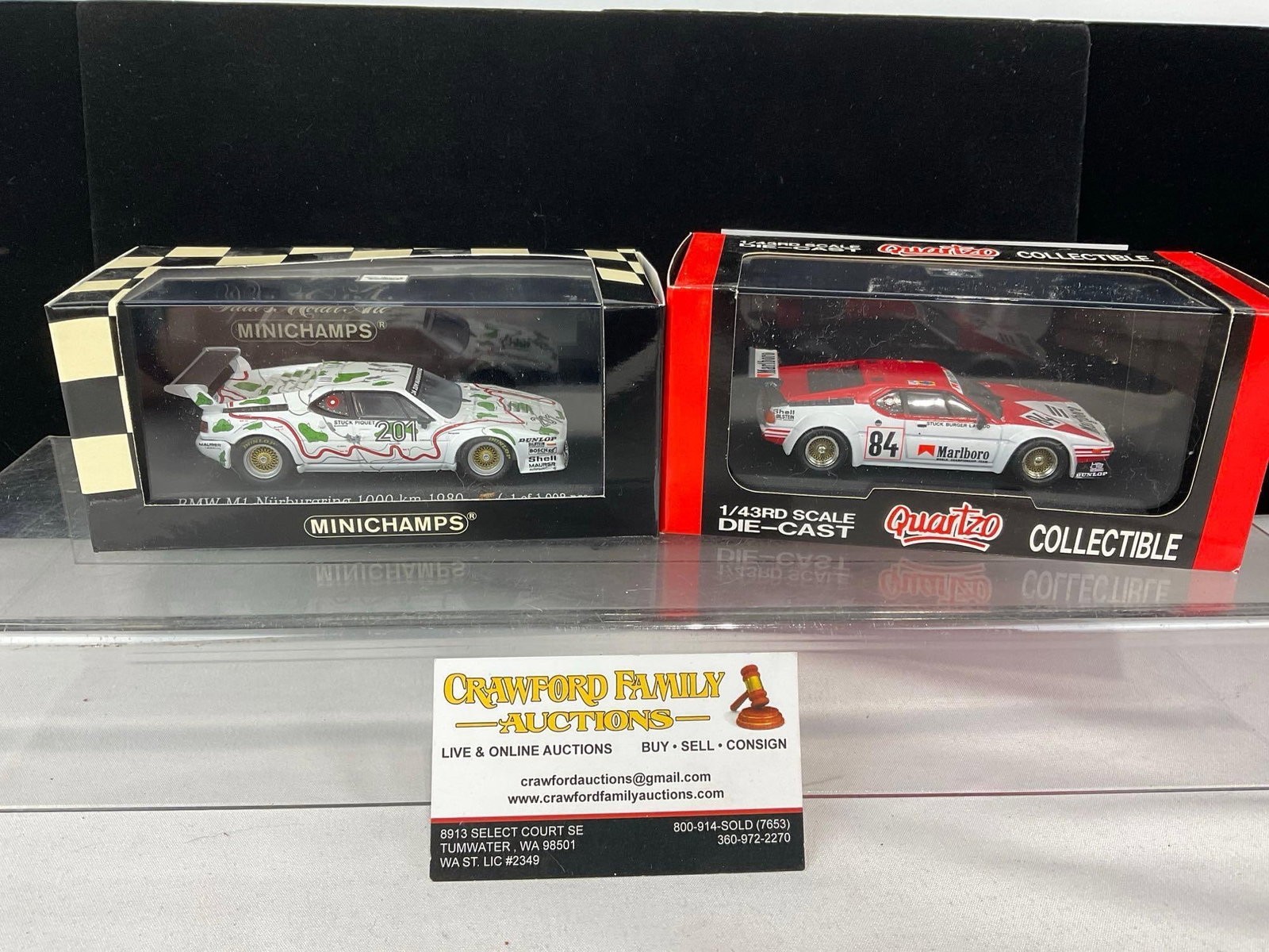 2 1/43 Scale Diecast Cars Minichamps & Quartzo, 2 1980 BMW M-1, 1 1000Km Nurburgring & LM24H: Appears to be in good shape. The piece measures approx 6h x 7w x 4d inches. See pics. E-5420 