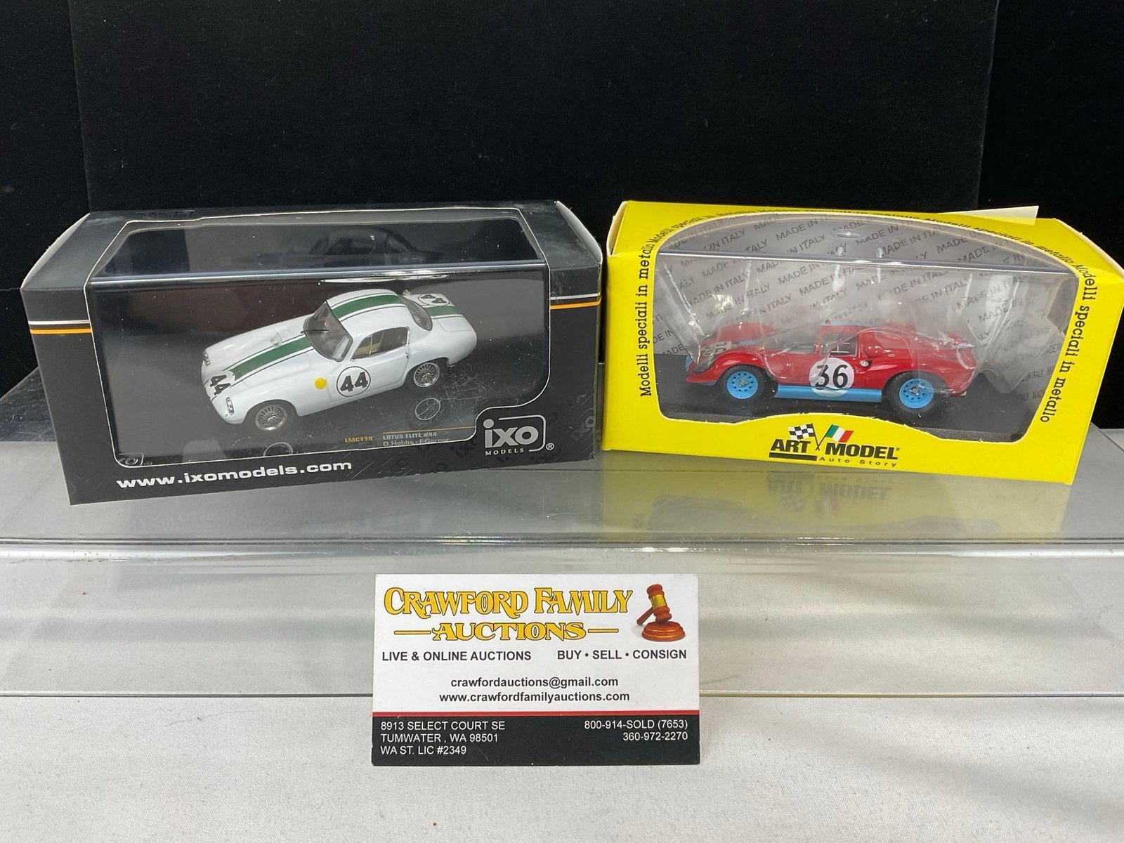 2 1/43 Scale Diecast Cars, 1962 Lotus Elite LM24H & 1966 Ferrari Dino 206C LM24H: Appears to be in good shape. The piece measures approx 6h x 7w x 4d inches. See pics. E-5420
