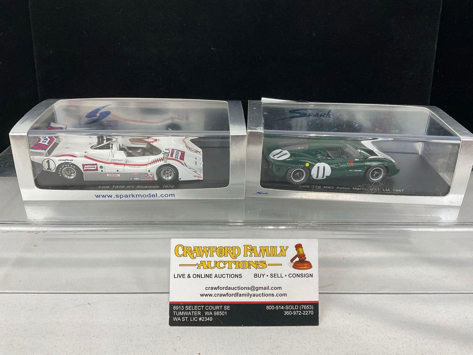 2 Spark 1/43 Scale Diecast Cars, 1967 Lola T70 Mk2 Aston Martin & 1972 Lola T310: Appears to be in good shape. The piece measures approx 5h x 7w x 4d inches. See pics. E-5420 