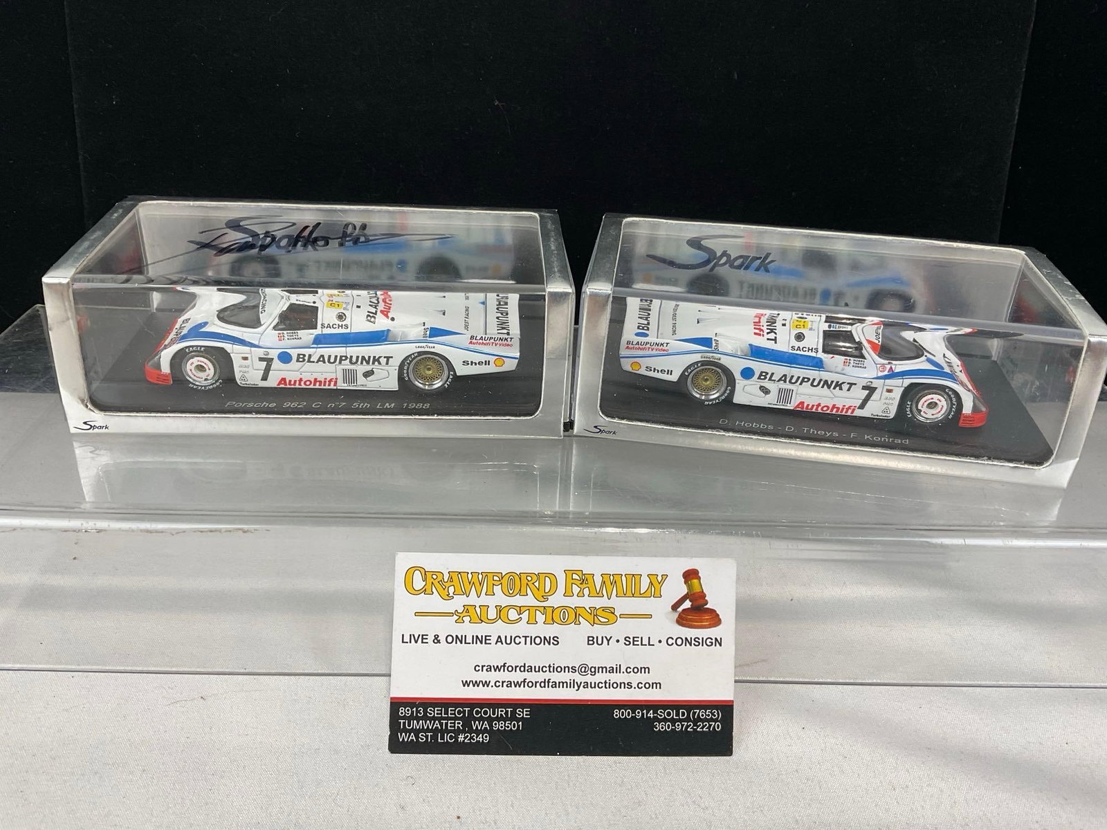 2 Spark 1/43 Scale Diecast Cars, 2x 1998 Porsche 962C #7 5th place in Le Mans: Appears to be in good shape. The piece measures approx 4h x 7w x 4d inches. See pics. E-5420