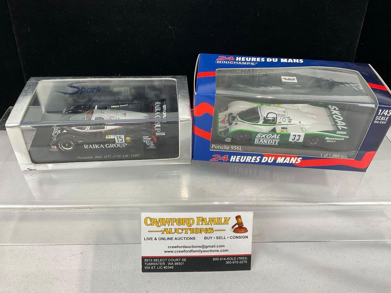 2 Spark & Minichamps 1/43 Scale Diecast Cars, 1984 Porsche 956L LM24H & 1989 Porsche 962C LM24H: Appears to be in good shape. The piece measures approx 5h x 7w x 4d inches. See pics. E-5420