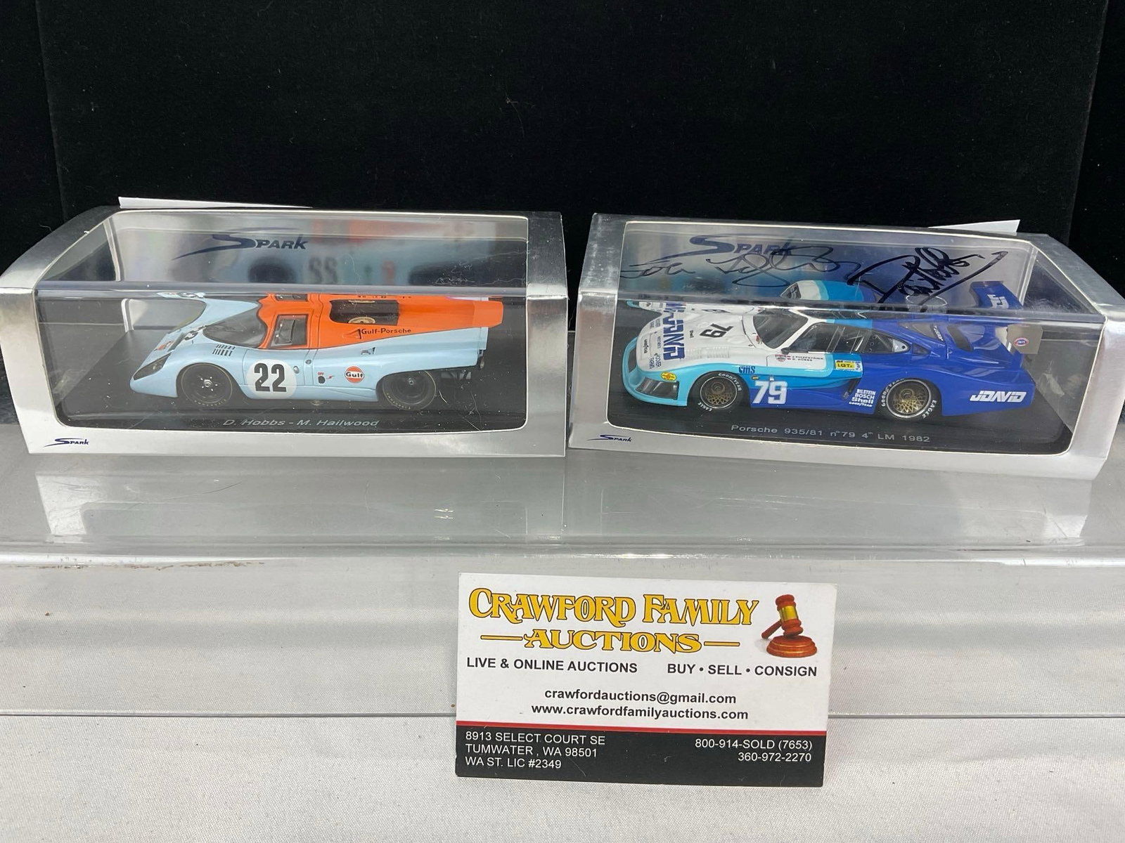 2 Spark 1/43 Scale Diecast Cars, 1970 Porsche 917K Gulf & 1982 Porsche 935/81, 1 signed by 2 Driv...: Signed by J. Fitzpatrick & D. Hobbs. Appears to be in good shape. The piece measures approx 5h x 7w x 4d inches. See pics. E-5420
