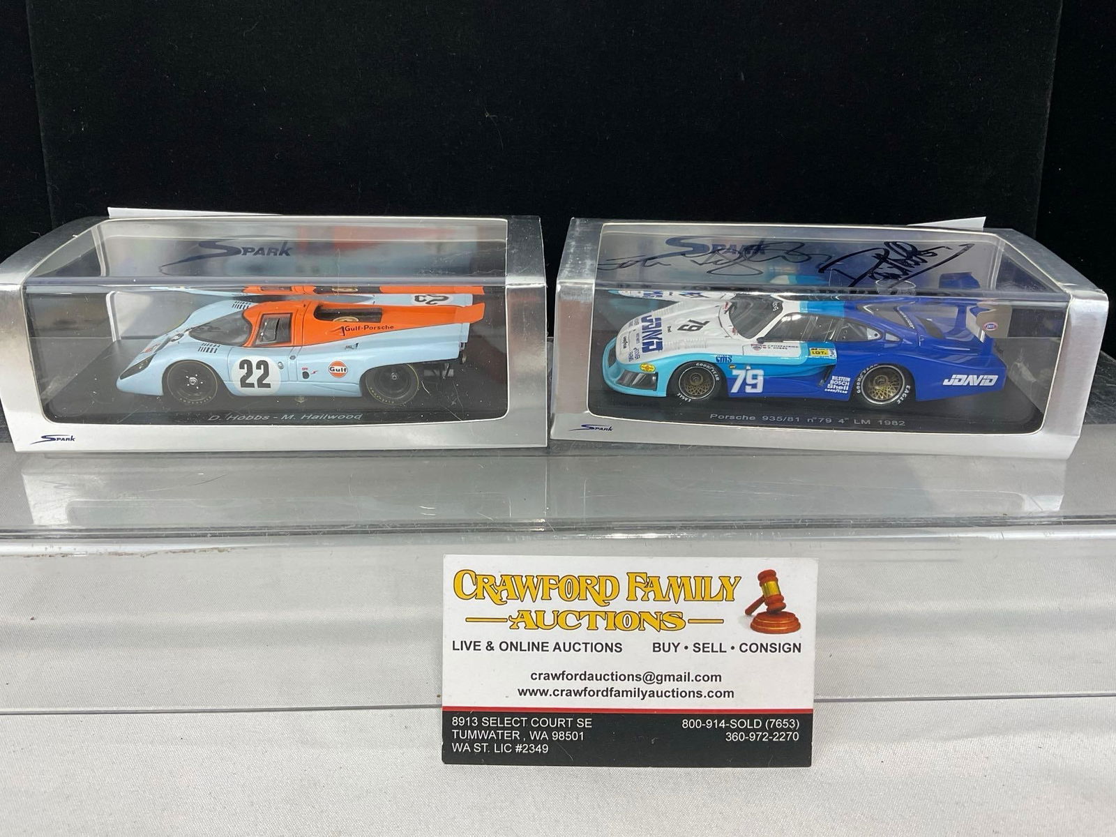 2 Spark 1/43 Scale Diecast Cars, 1970 Porsche 917K Gulf & 1982 Porsche 935/81, 1 signed by 2 Driv... - 2