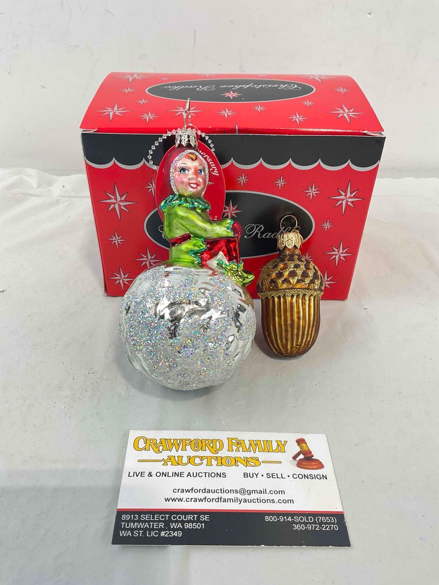 2 pcs Glass Christmas Ornaments, incl. Christopher Radko & Dept. 56. Excellent Condition.: 2 pcs Glass Christmas Ornaments, incl. Christopher Radko "Sprite on the Ball" 20th anniversary & Dept. 56 golden acorn. Excellent Condition. Christopher Radko has tag and original box. Measures