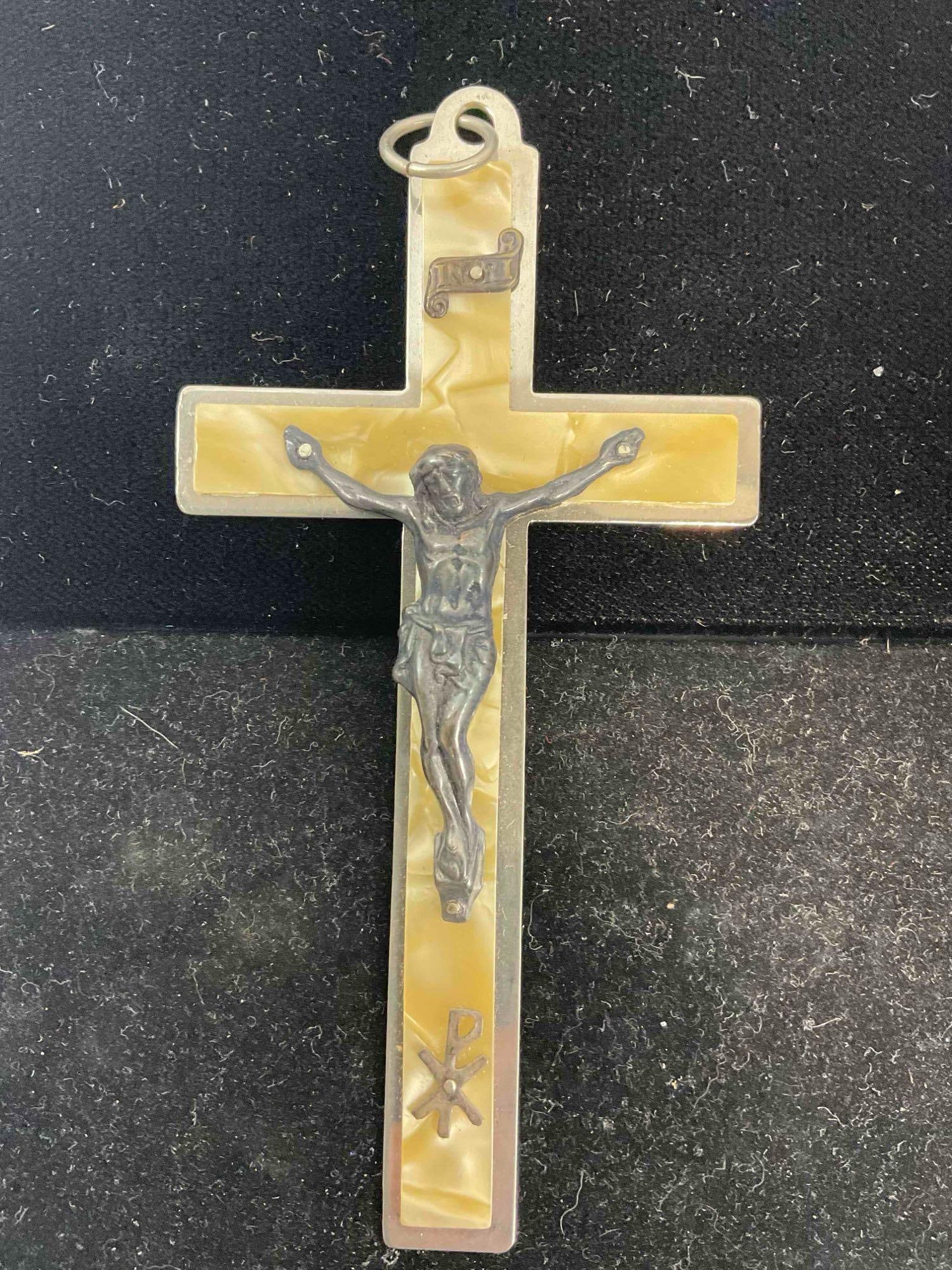 3 pcs Vintage Silver Toned Wall Crucifixes, 1x w/ Celluloid & Silver-plated Details. See pics. - 2