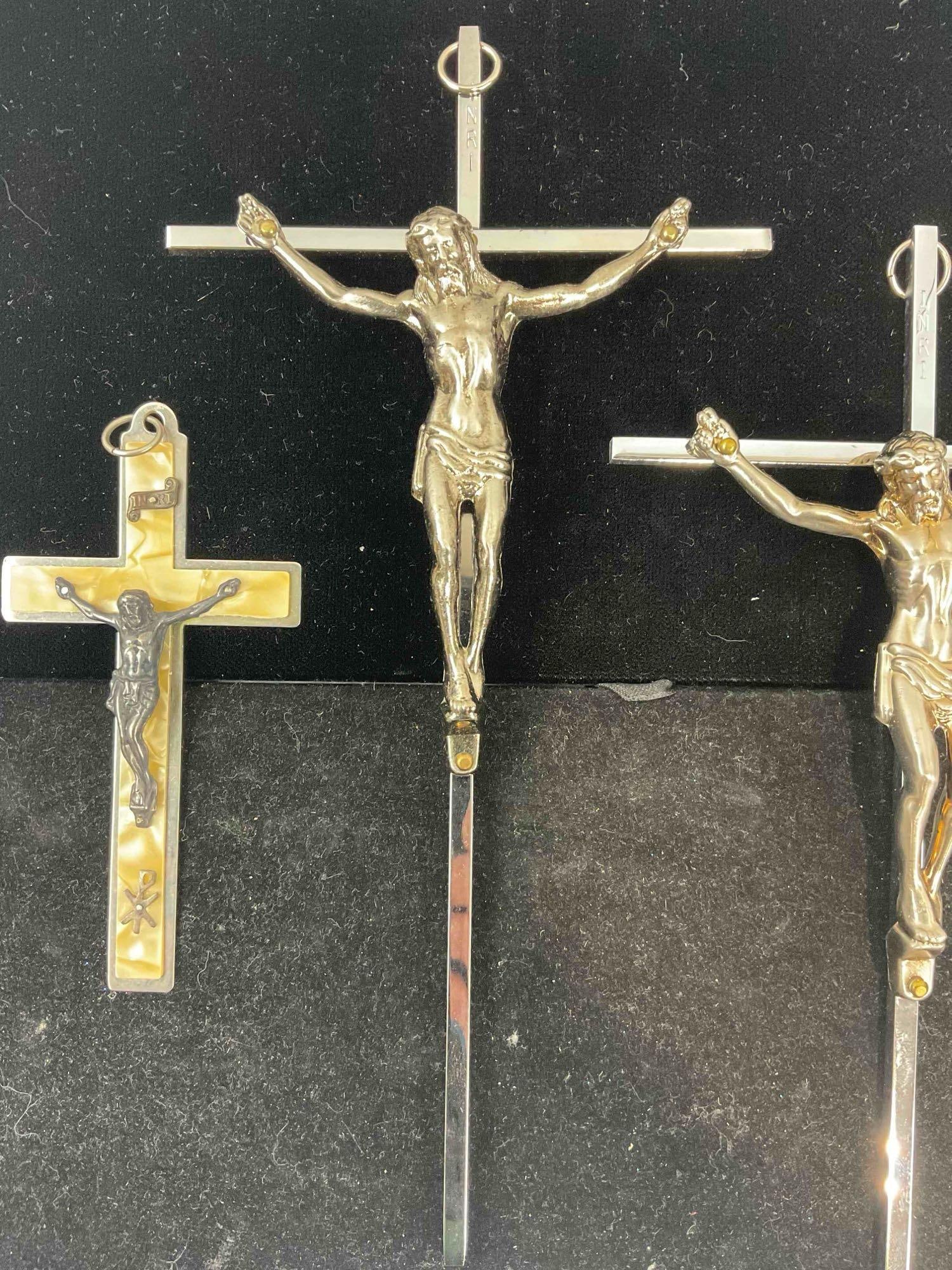 3 pcs Vintage Silver Toned Wall Crucifixes, 1x w/ Celluloid & Silver-plated Details. See pics. - 3