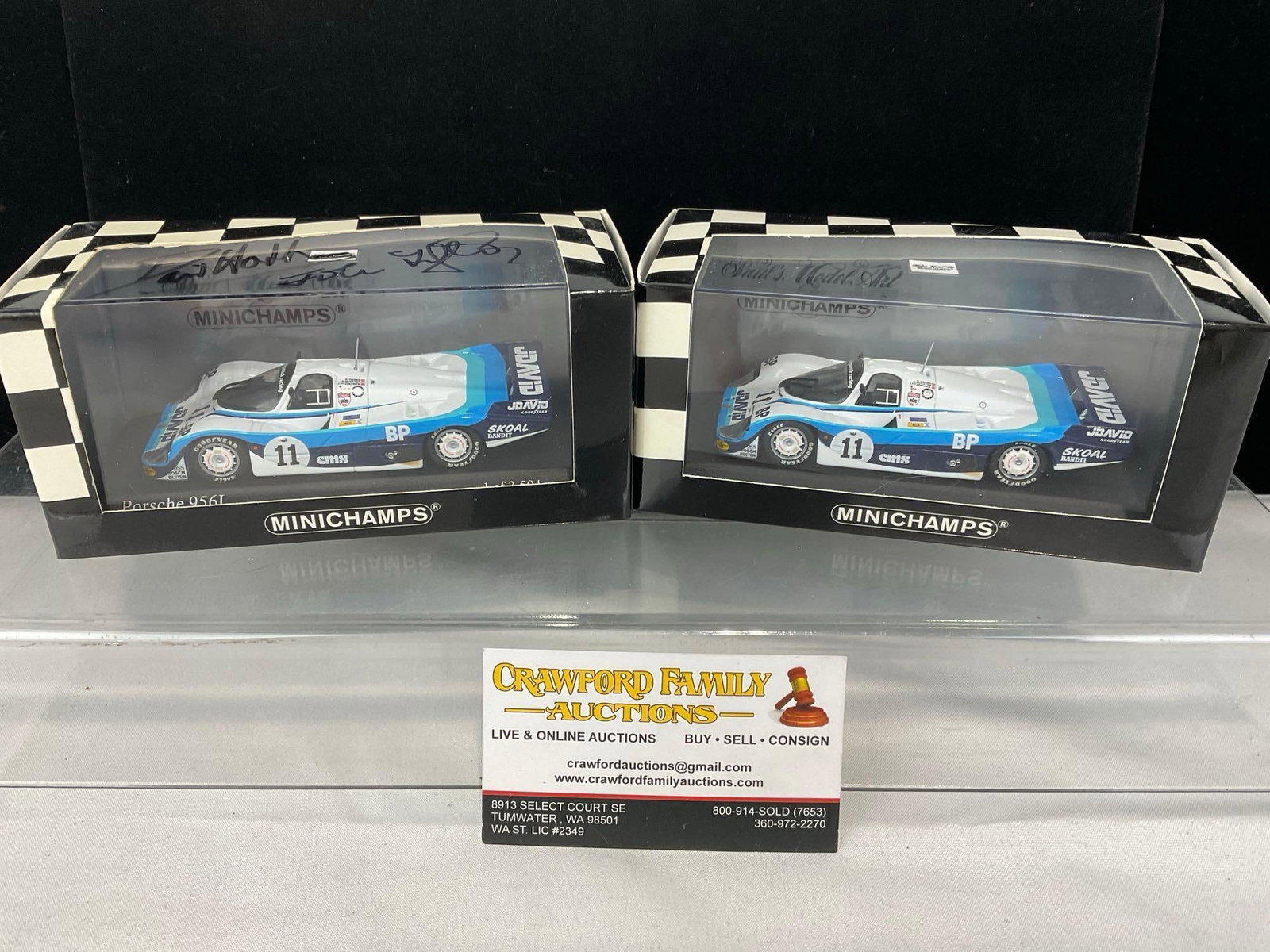 2x Minichamps 1/43 Scale Diecast Cars, Porsche 956L 1983, 1 signed by all three drivers: One signed by Fitzpatrick, Hobbs & Quester. All from the same collection. Appears to be in good shape. The piece measures approx 6h x 7w x 4d inches. See pics. E-5420 