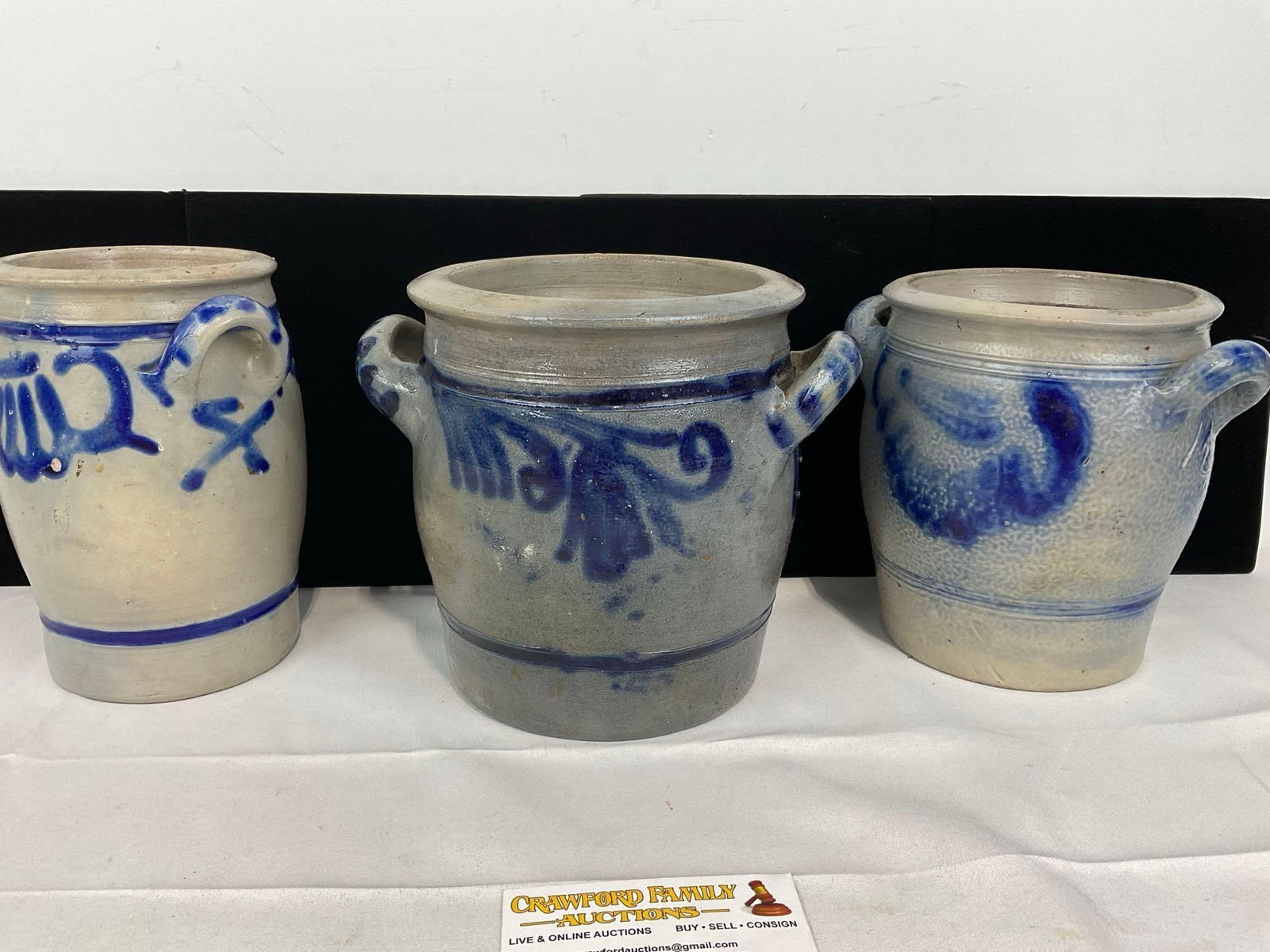 3 Cobalt Blue Salt-Glazed Crocks w/two handles, 11h x 12w x 14d inches - 2