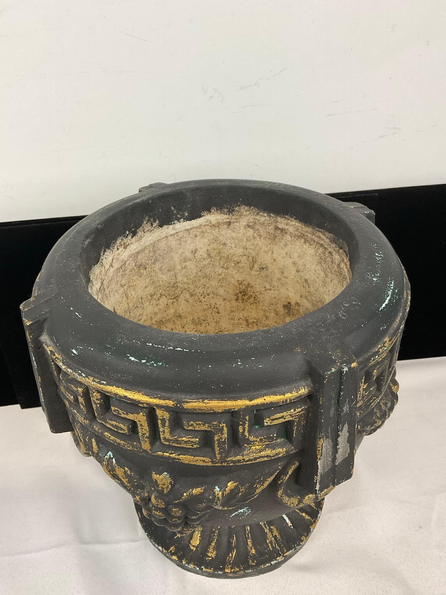 Cast Concrete Planter, Roman Style Black w/gold accents, 10h x 10w x 10d inches - 2