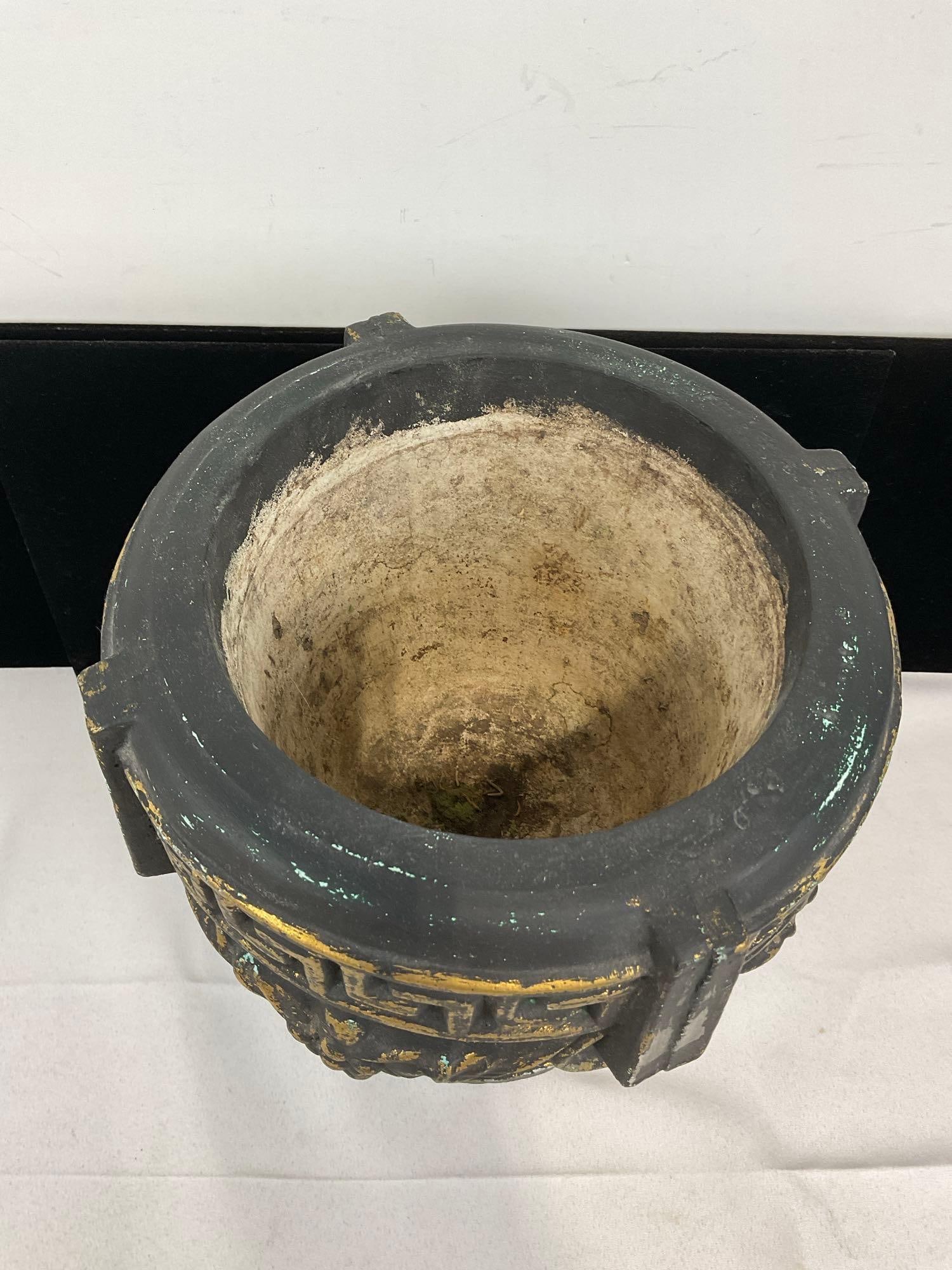 Cast Concrete Planter, Roman Style Black w/gold accents, 10h x 10w x 10d inches - 3