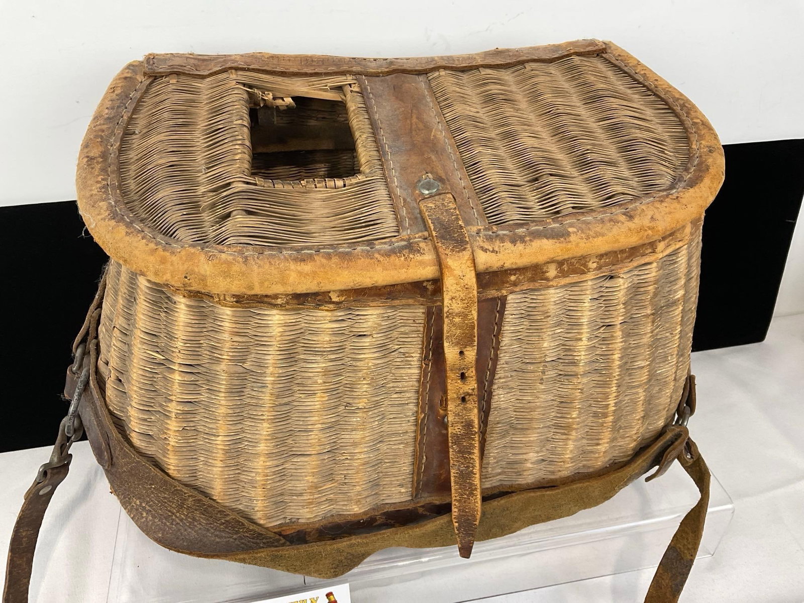 Vintage Fishing Creel Basket, 3 Wooden Fishing Lures, 10h x 15w x 8d inches - 5