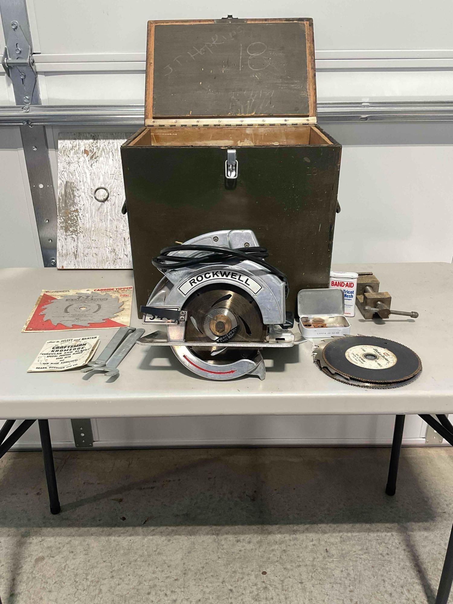 Rockwell Brand Circular Saw 6 3/4" Blade Mo. 346 w/ Extra Blades, and Military Carrying Case: Approximately 18" x 13" x 16" in carrying case. Item is tested and working, and in good condition. V-5360