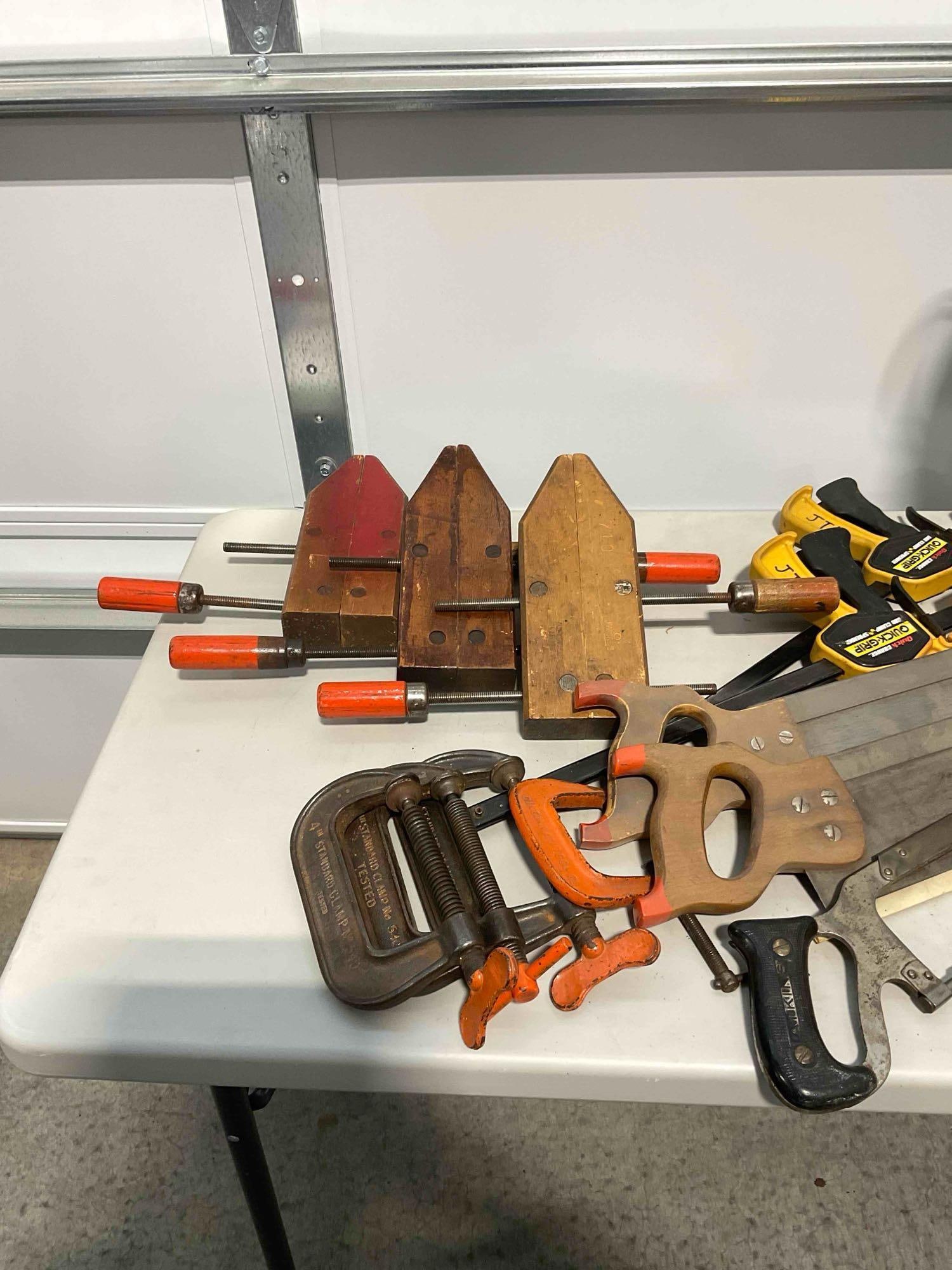Collection of Tools, Including Wood, Quick-grip and Metal C Clamps, Pipe Cutter, & Hand Saws - 2