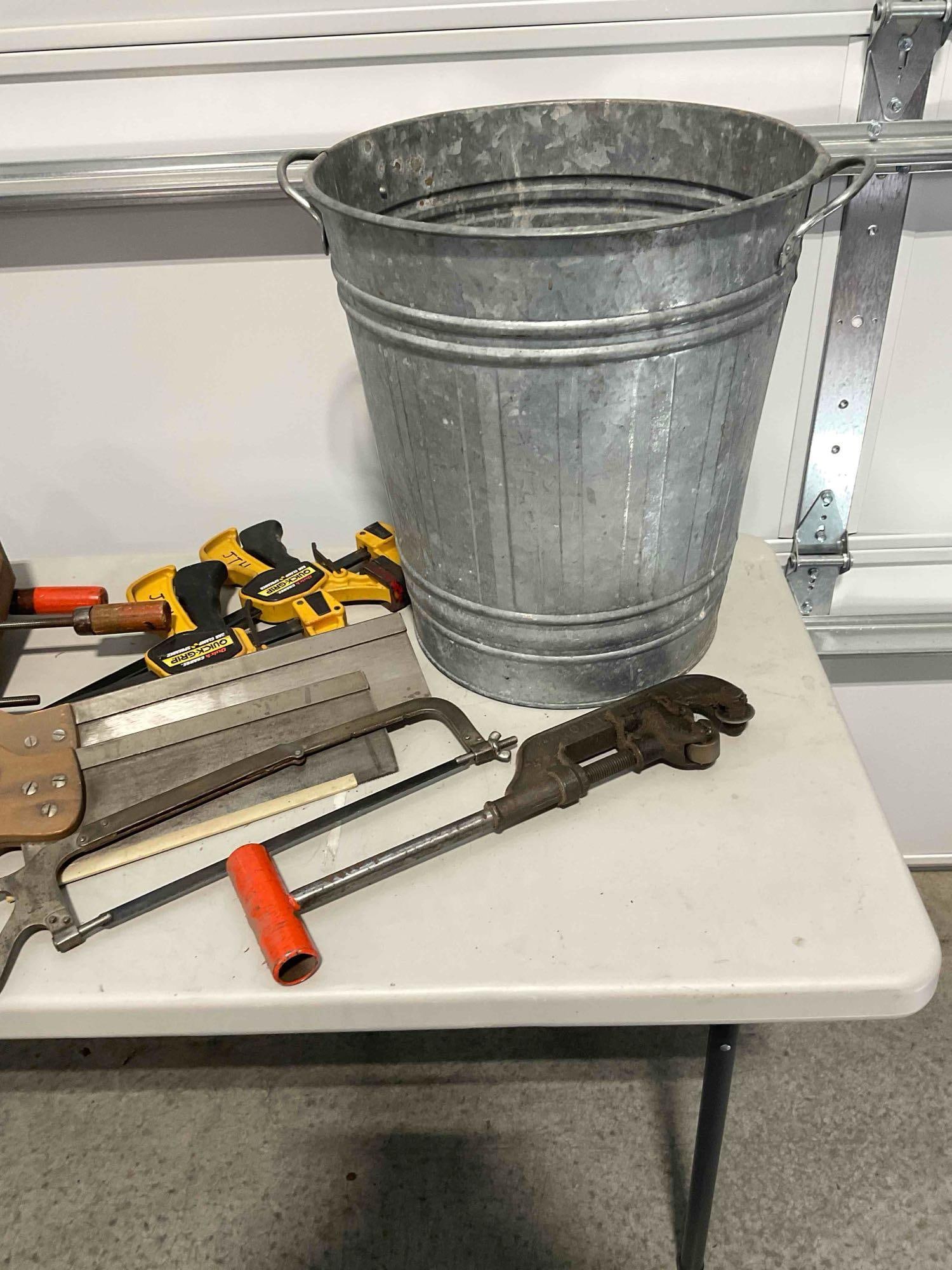 Collection of Tools, Including Wood, Quick-grip and Metal C Clamps, Pipe Cutter, & Hand Saws - 4