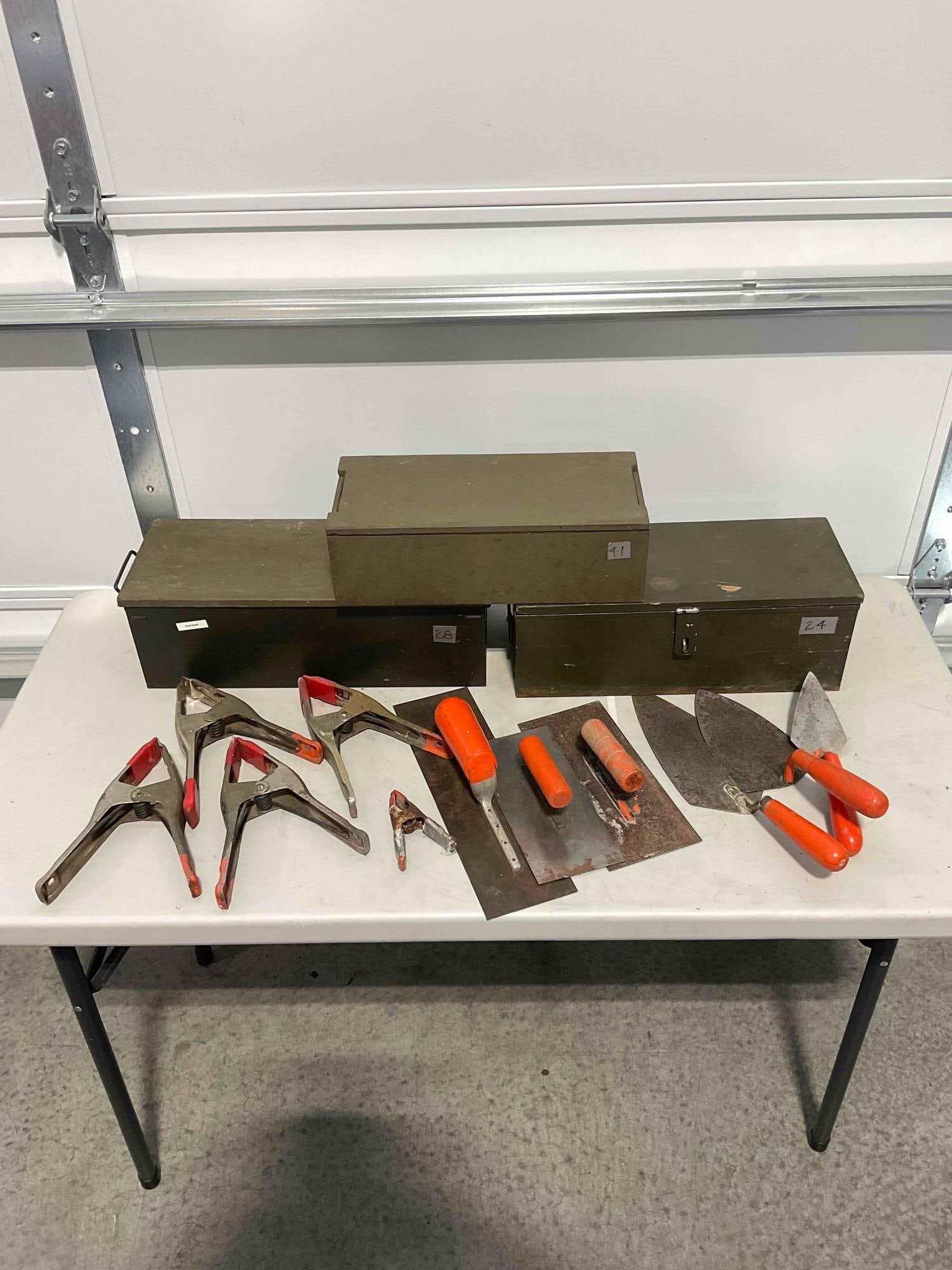 Collection of Tools & Toolboxes Including 3x Metal & Wood Boxes, Trowels, and Clamps. (1 of 9)