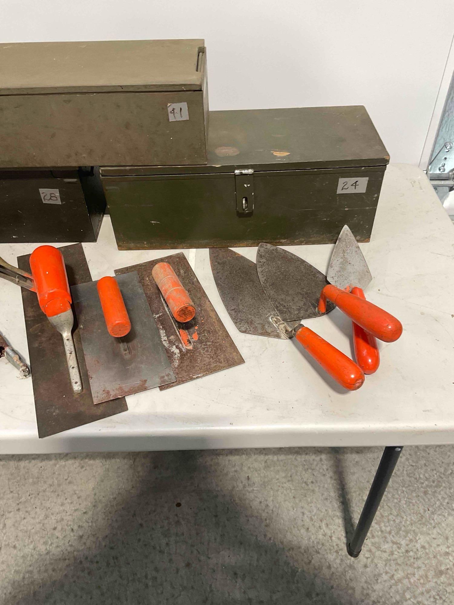 Collection of Tools & Toolboxes Including 3x Metal & Wood Boxes, Trowels, and Clamps. - 3