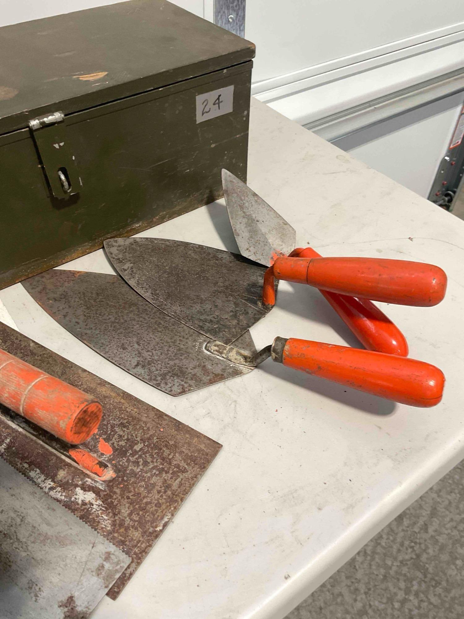Collection of Tools & Toolboxes Including 3x Metal & Wood Boxes, Trowels, and Clamps. - 4