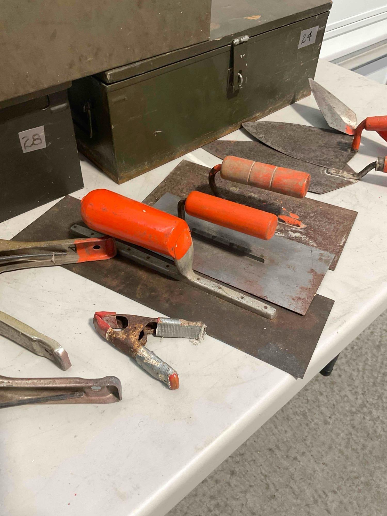 Collection of Tools & Toolboxes Including 3x Metal & Wood Boxes, Trowels, and Clamps. - 5