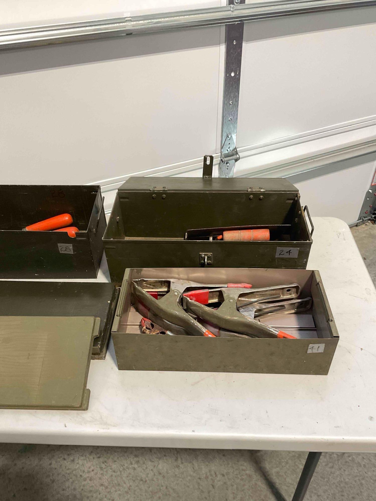 Collection of Tools & Toolboxes Including 3x Metal & Wood Boxes, Trowels, and Clamps. - 7