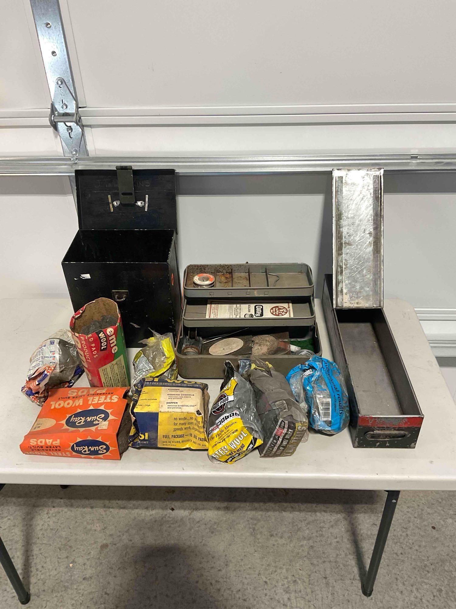 Collection of Metal Toolboxes with Pipe Soldering Kit, Soldering Iron, and Steel Wool. - 2