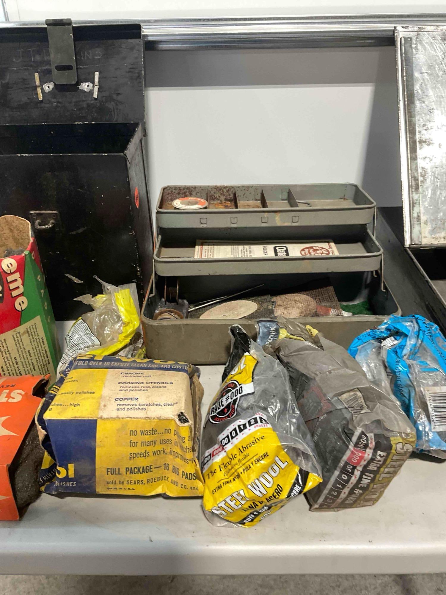 Collection of Metal Toolboxes with Pipe Soldering Kit, Soldering Iron, and Steel Wool. - 4