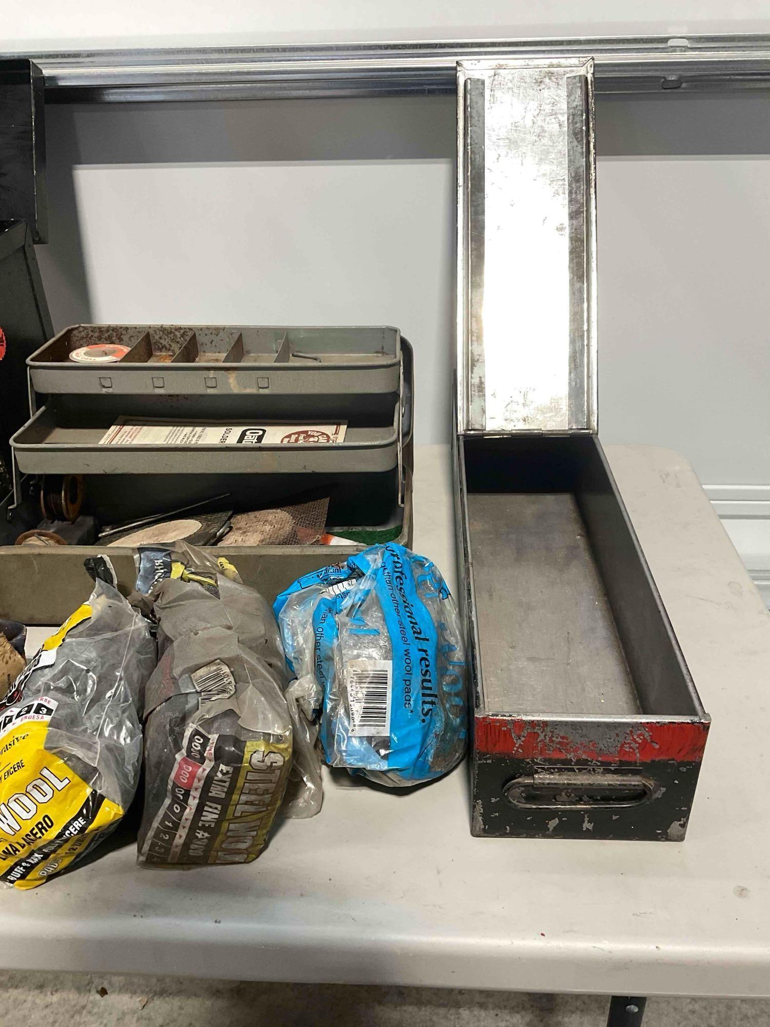 Collection of Metal Toolboxes with Pipe Soldering Kit, Soldering Iron, and Steel Wool. - 5