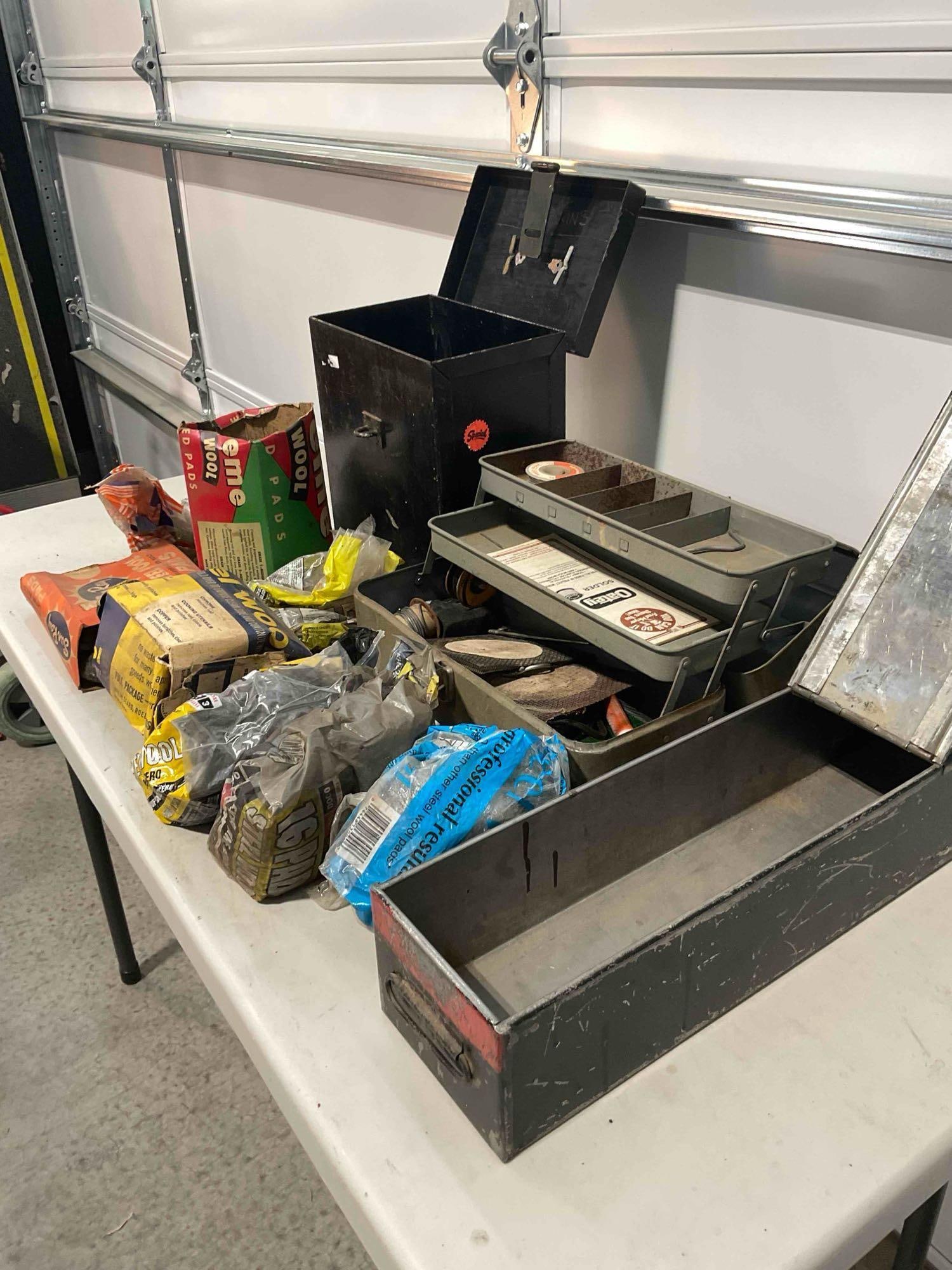 Collection of Metal Toolboxes with Pipe Soldering Kit, Soldering Iron, and Steel Wool. - 6