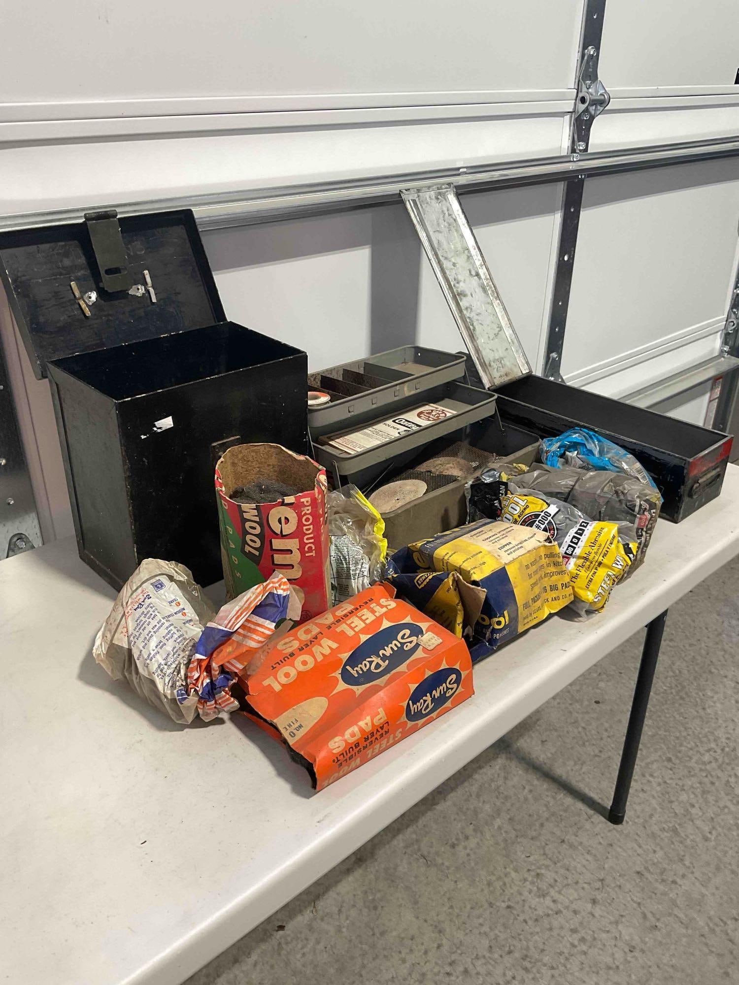 Collection of Metal Toolboxes with Pipe Soldering Kit, Soldering Iron, and Steel Wool. - 7