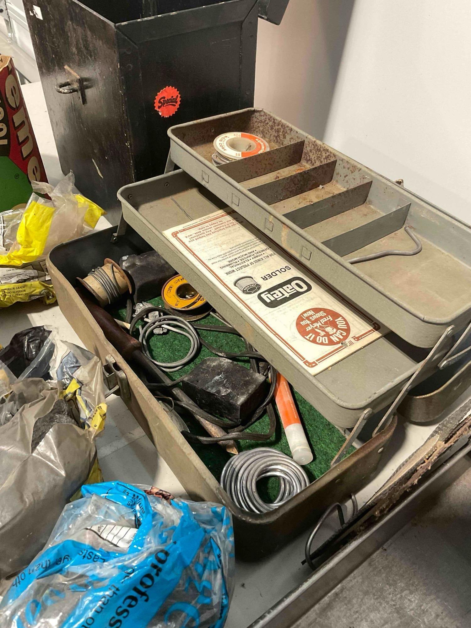 Collection of Metal Toolboxes with Pipe Soldering Kit, Soldering Iron, and Steel Wool. - 8